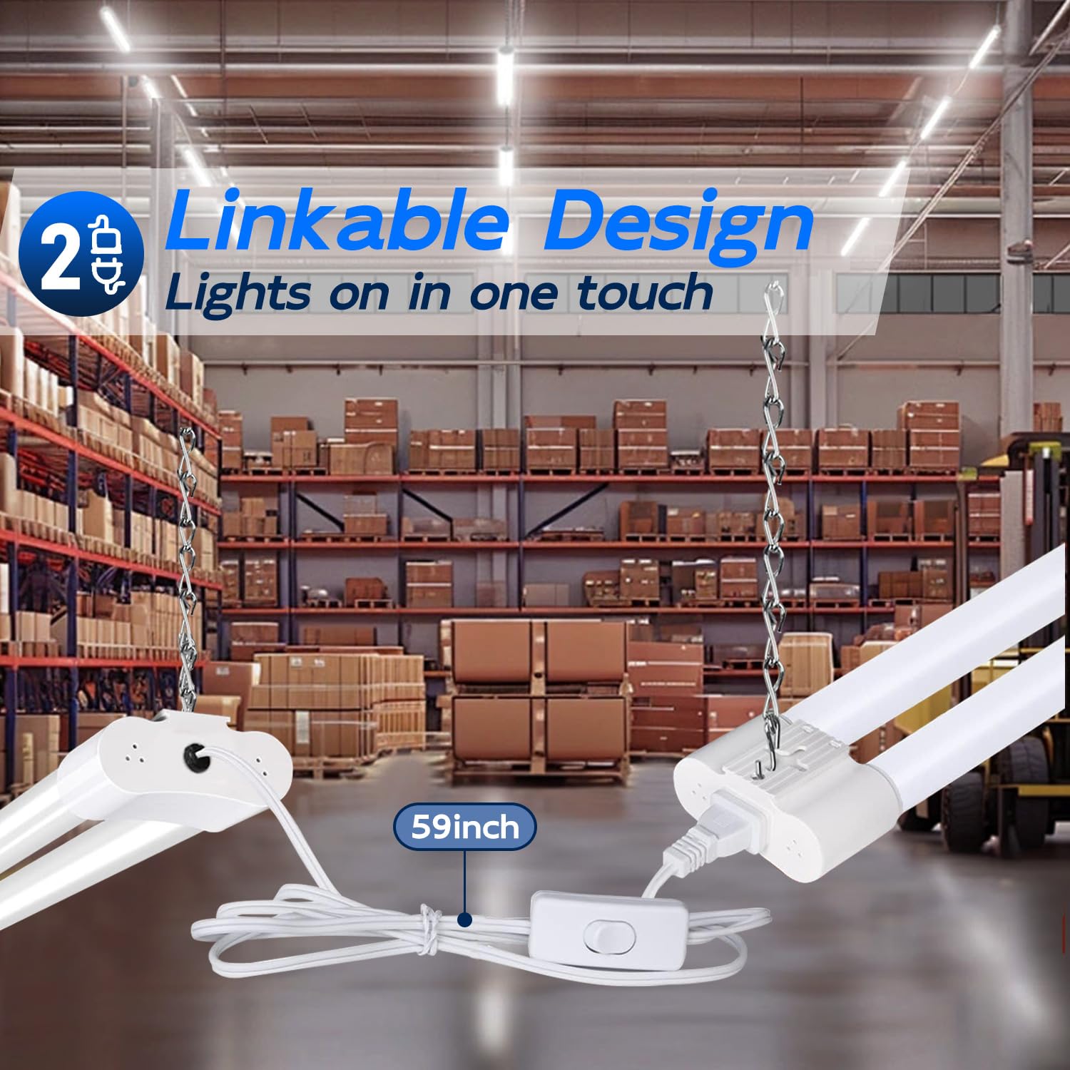 hykolity 4FT Linkable LED Shop Light, 6500lm, 60W, White, Model HB-Q10-50, Hanging or Surface Mount