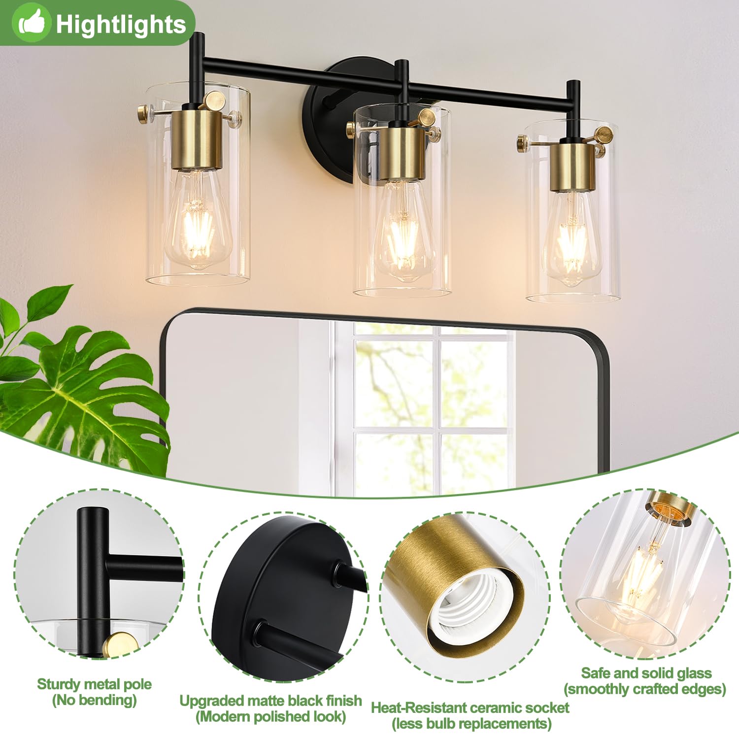 Bathroom Light Fixtures 2024 Upgrade, 3-Light Black And Gold Vanity Light, Black Bathroom Lights Over Mirror With Clear Glass Sh