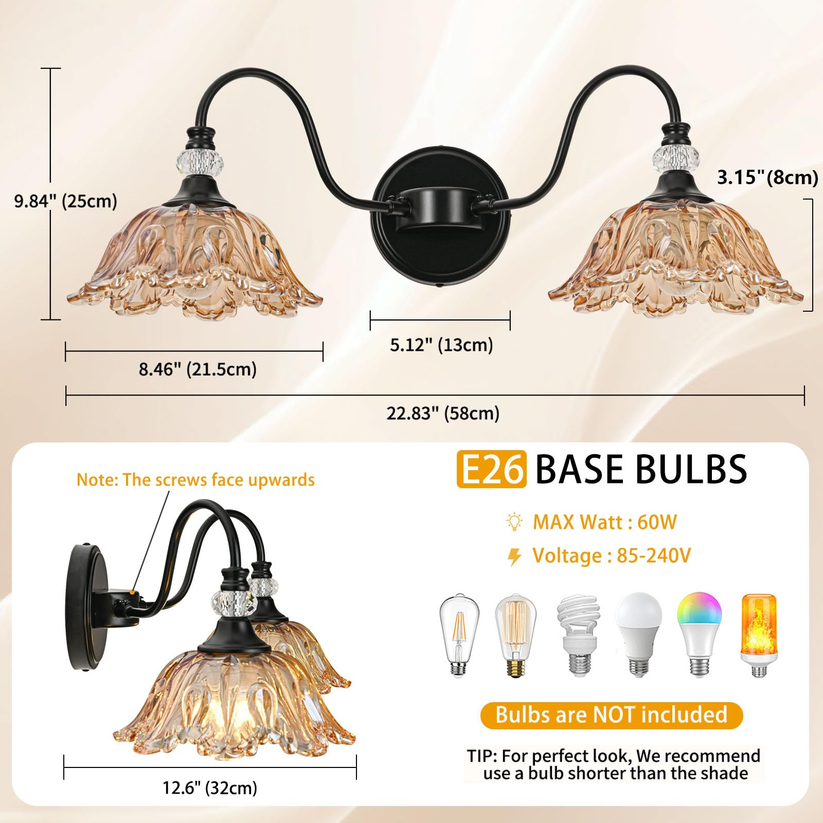 sunkryster 2-Light Black Bathroom Vanity Light with Floral Amber Glass Shades, Vintage Farmhouse Wall Mount, Model Sun-104AB-2-Black-Amber