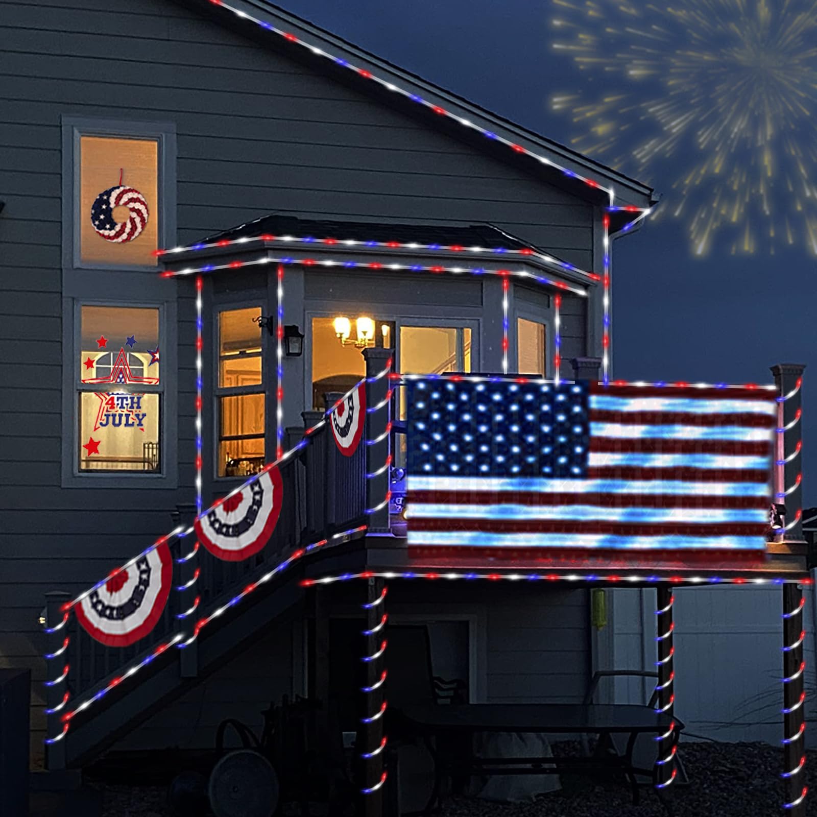 Yeguo 4Th Of July Decorations Red White And Blue Lights, 2 Packs Each 33Ft 100 Led Solar Rope Light With 8 Modes For Patriotic I