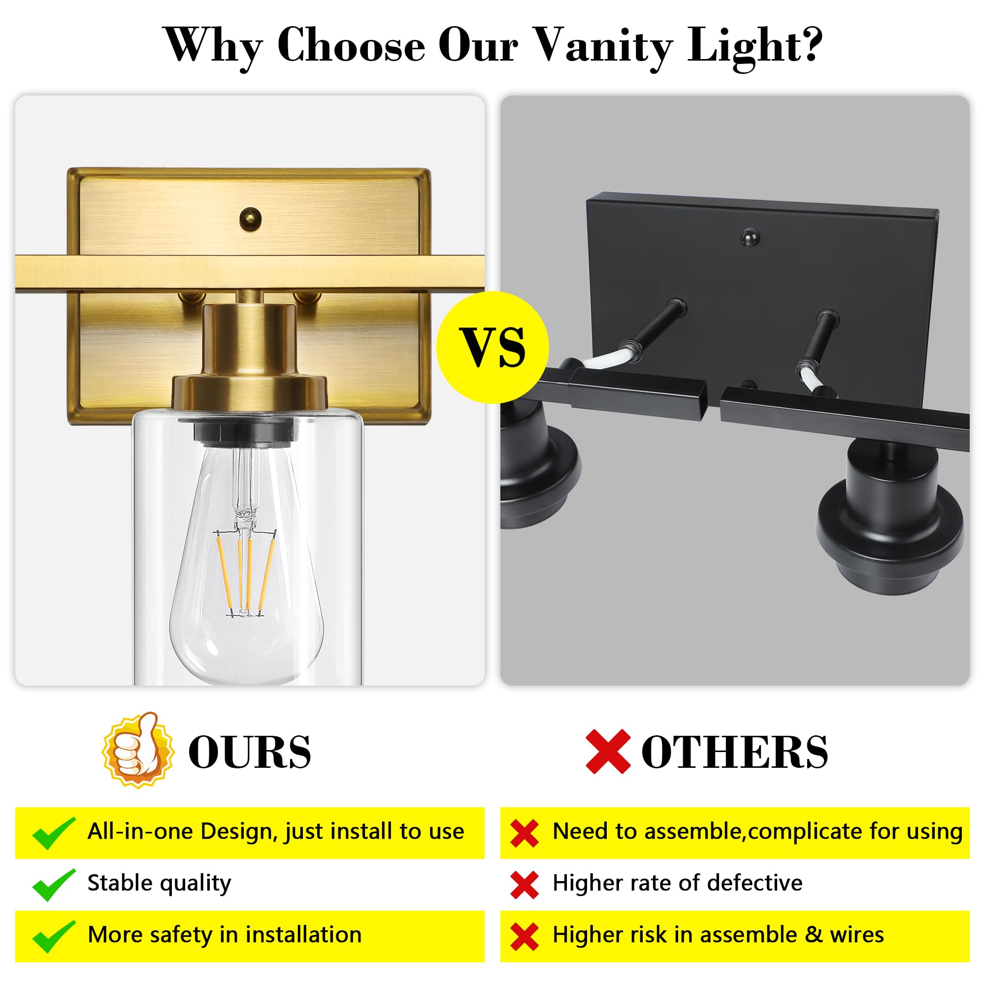 Ascher 3 Light Bathroom Vanity Light Fixtures, Gold Wall Sconces with Clear Glass Shade for Mirror, Kitchen, Living Room