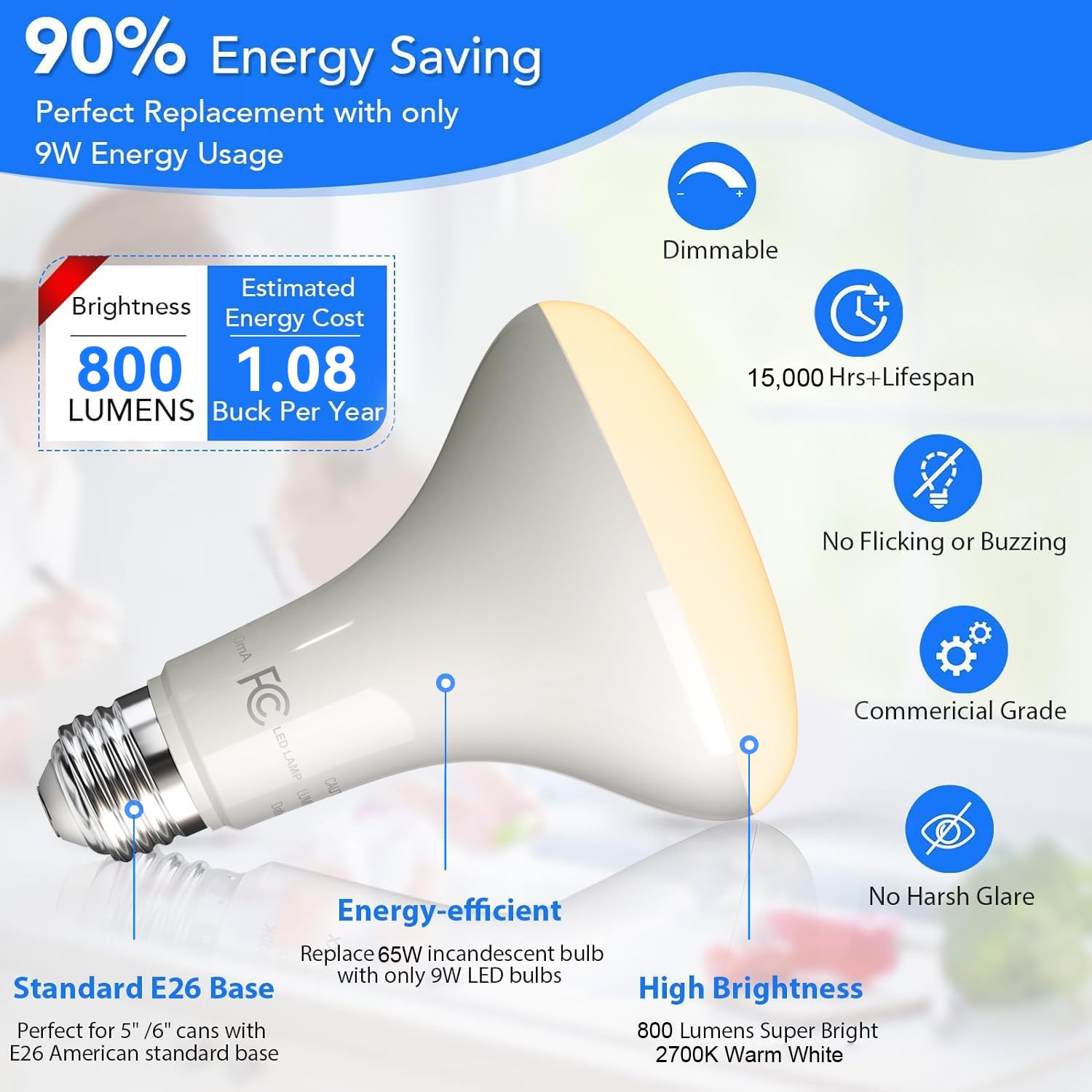 Volivo Led Flood Light Bulb 12 Pack, Recessed Ceiling Bulb, Br30, 65W Equivalent Efficient 9W, Dimmable, E26 Base, Soft White 27