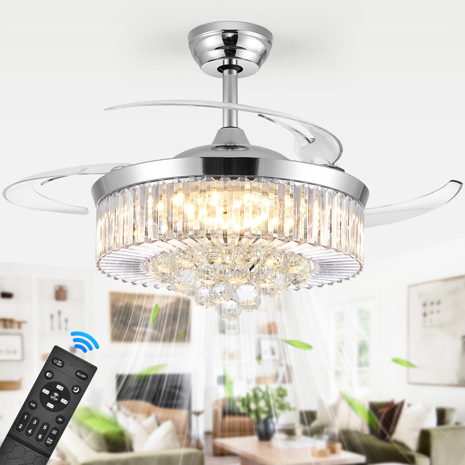 WWahuayuan 48in  Modern Chandelier Ceiling Fan with Timer, Silent Motor, Crystal, Remote Control, Silver, Model HYGX02SL-48