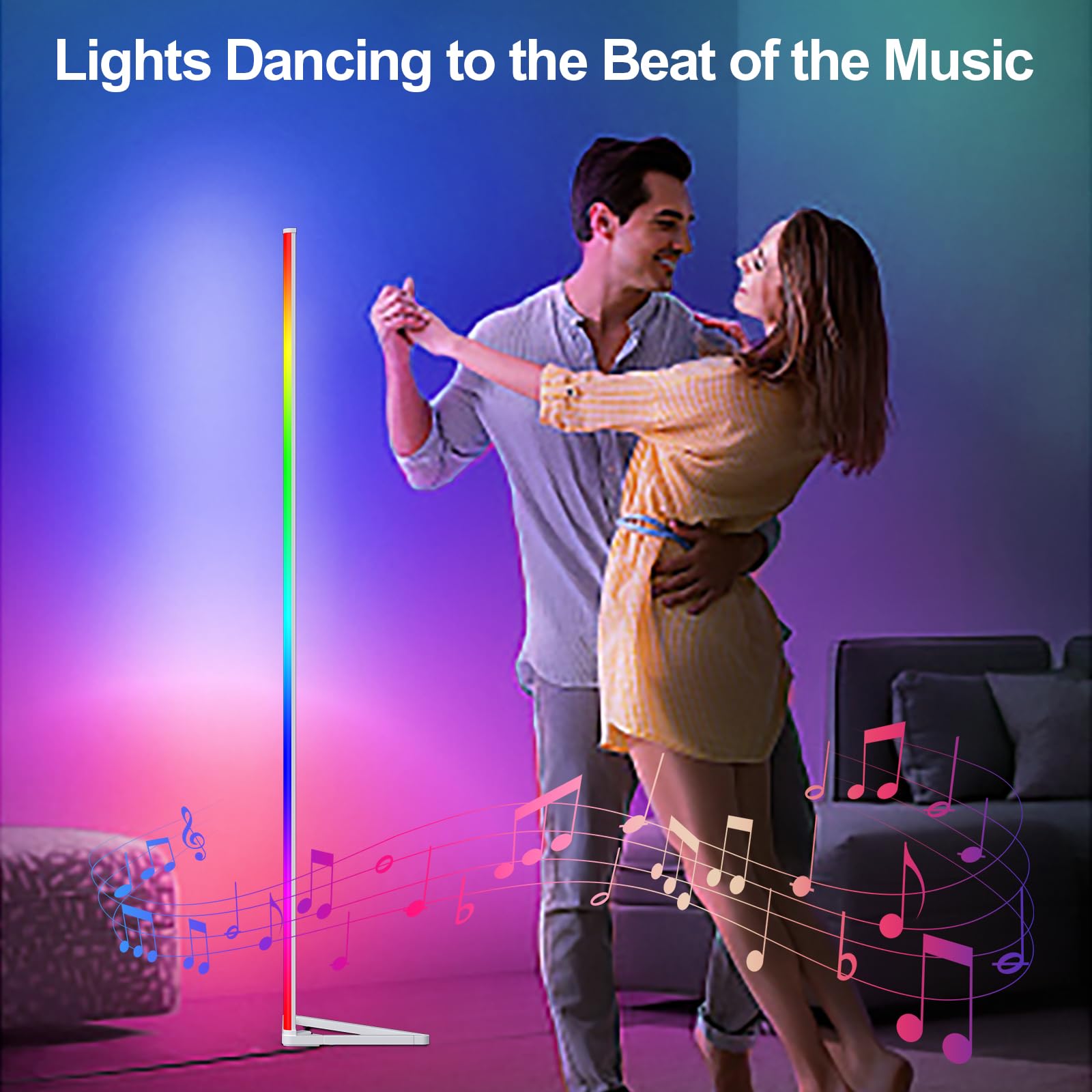 MIHEAL RGB Floor Lamp - 56" LED Music Sync Standing Lamp, 16 Million Colors, Remote Control, White, Model ZJ-BWCG-RGB-R24B1