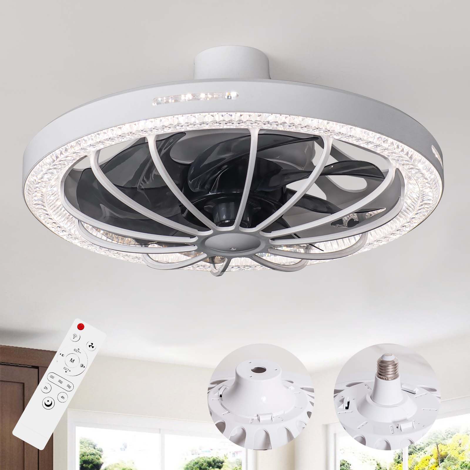 Flarouch Socket Fan Light with Remote, 13 inch Socket Ceiling Fan with Dimmable Led Light, 3 Colors 3000K-6500K, 3 Speeds, Flush