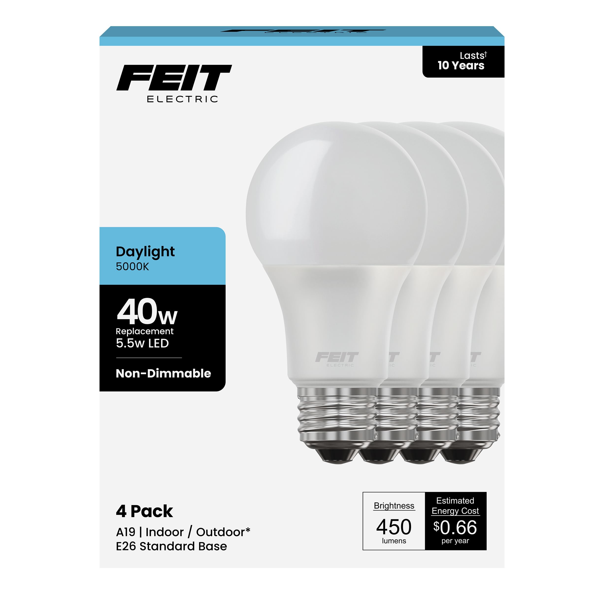 Feit Electric A450/850/10Kled/4 4-Pack 40W Equivalent 5.5 Watt Non-Dimmable A19 Led Light Bulbs, 4.4'' H X 2.35'' D, 5000K Dayli