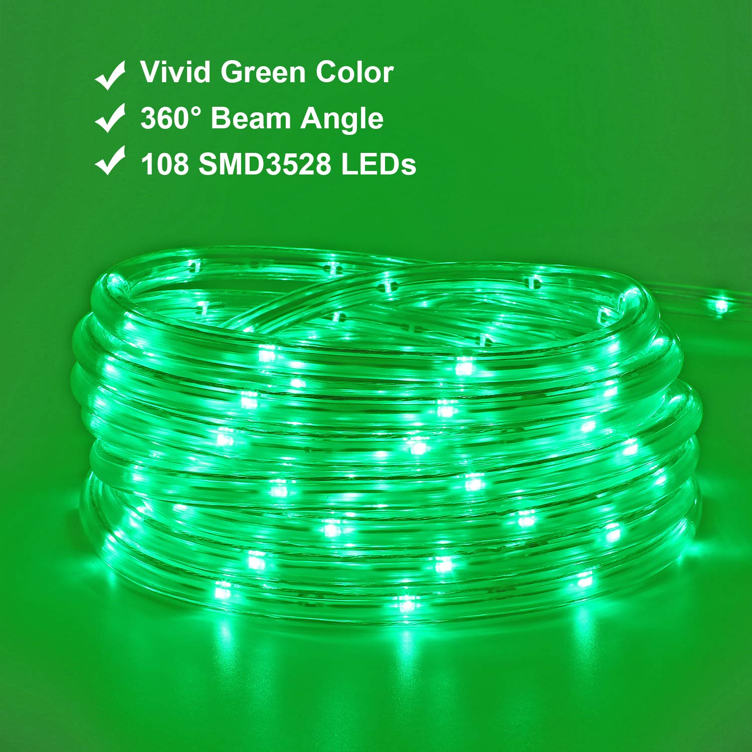 Green Rope Lights,16Ft Waterproof, Connectable And Flexible Led Strip Lights With Advanced Leds And Crystal-Clear Thick Pvc Jacket, High Brightness, Great For Deck Pergola Handrail Bedroom