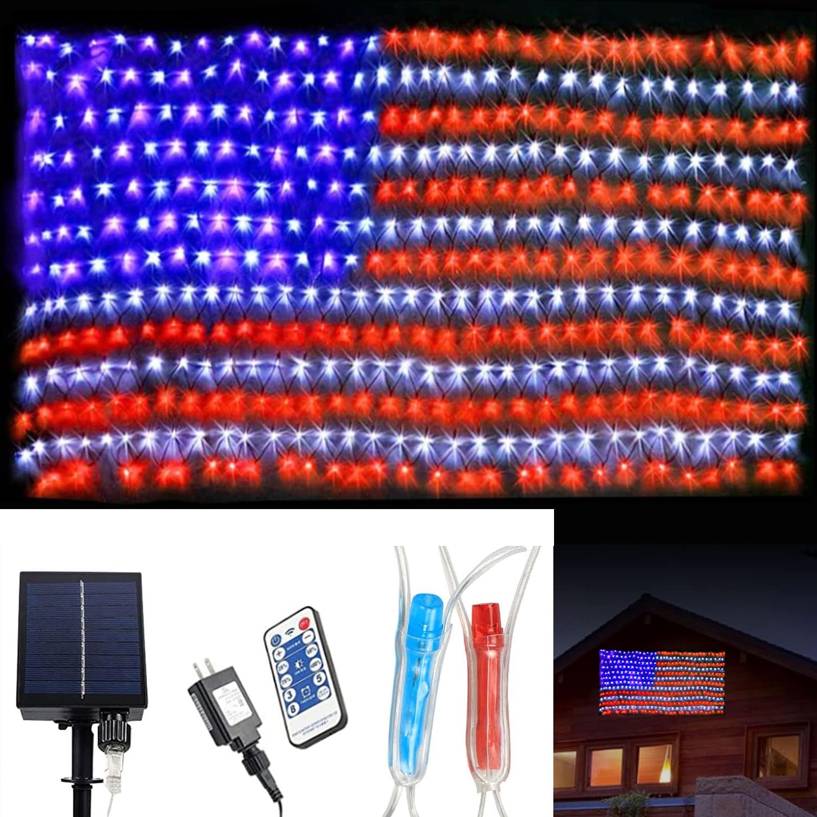 PUHONG Solar American Flag Lights,2 in 1 Plug-in & Solar Powered Flag Lights,420 LED 8 Modes Waterproof Flag Lights with Remote