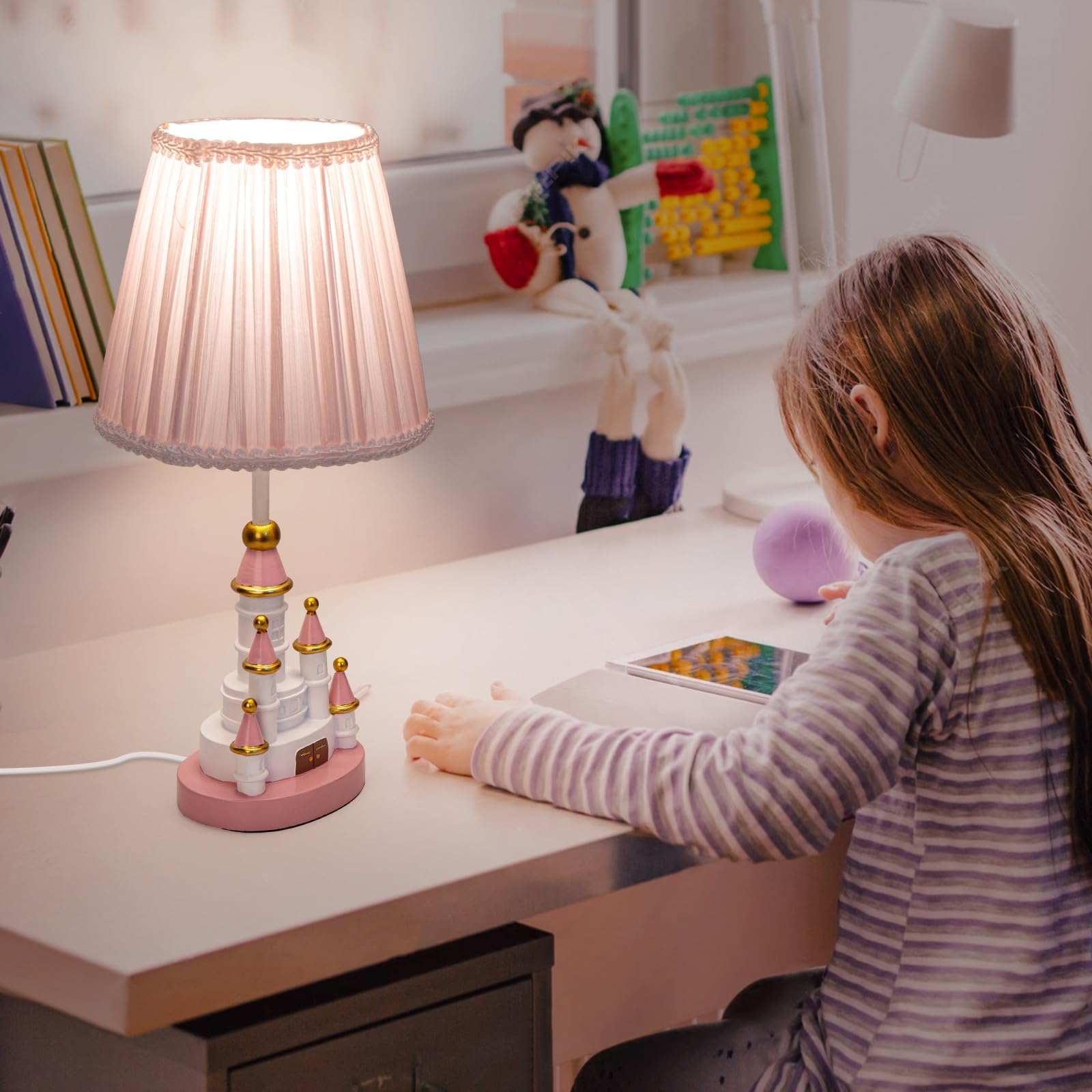 HERBESTBAY Kids Table Lamp - 14 Inch Pink Castle Style Desk Lamp with LED Bulb, Perfect for Girls' Bedroom Decor, Model HB-T8519R