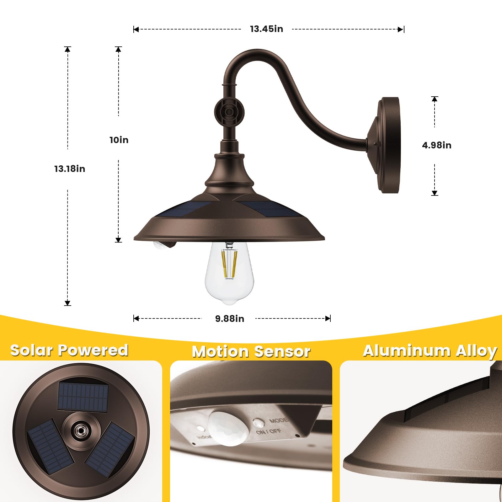 SIEDiNLAR Solar Barn Light - Waterproof Gooseneck Wall Light, 3 Modes, Dark Bronze, 1 Pack, Model SD033Z-1PK