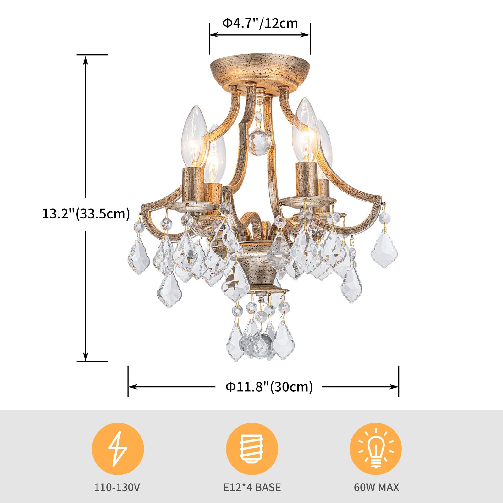 Lumfurn 4-Lights Antique K9 Crystal Ceiling Light For Living Room, Foyer, Bedroom, Close To Ceiling Flushmount Light Fixture, Ru