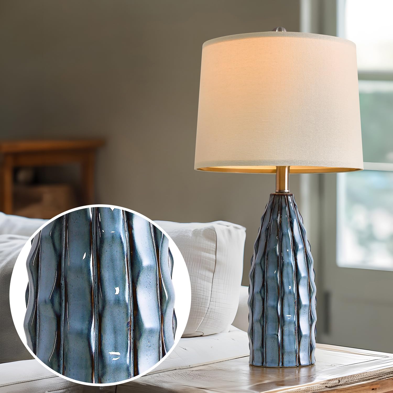 Usumkky 23.75'' Modern Blue Ceramic Lamps Set Of 2 For Living Room Study Room Office Dorm Farmhouse Nightstand, End Table Lamps