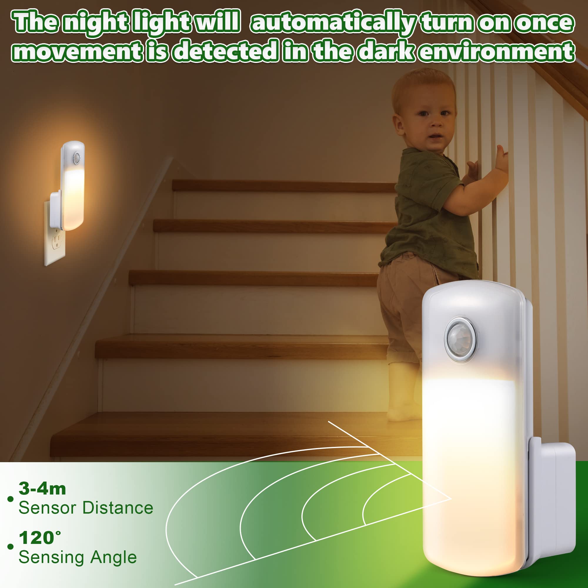 Enhon Motion Sensor Night Lights, 4 Pack, Automatic Dusk to Dawn, Warm White, Rechargeable Emergency Power Failure Lights for Home