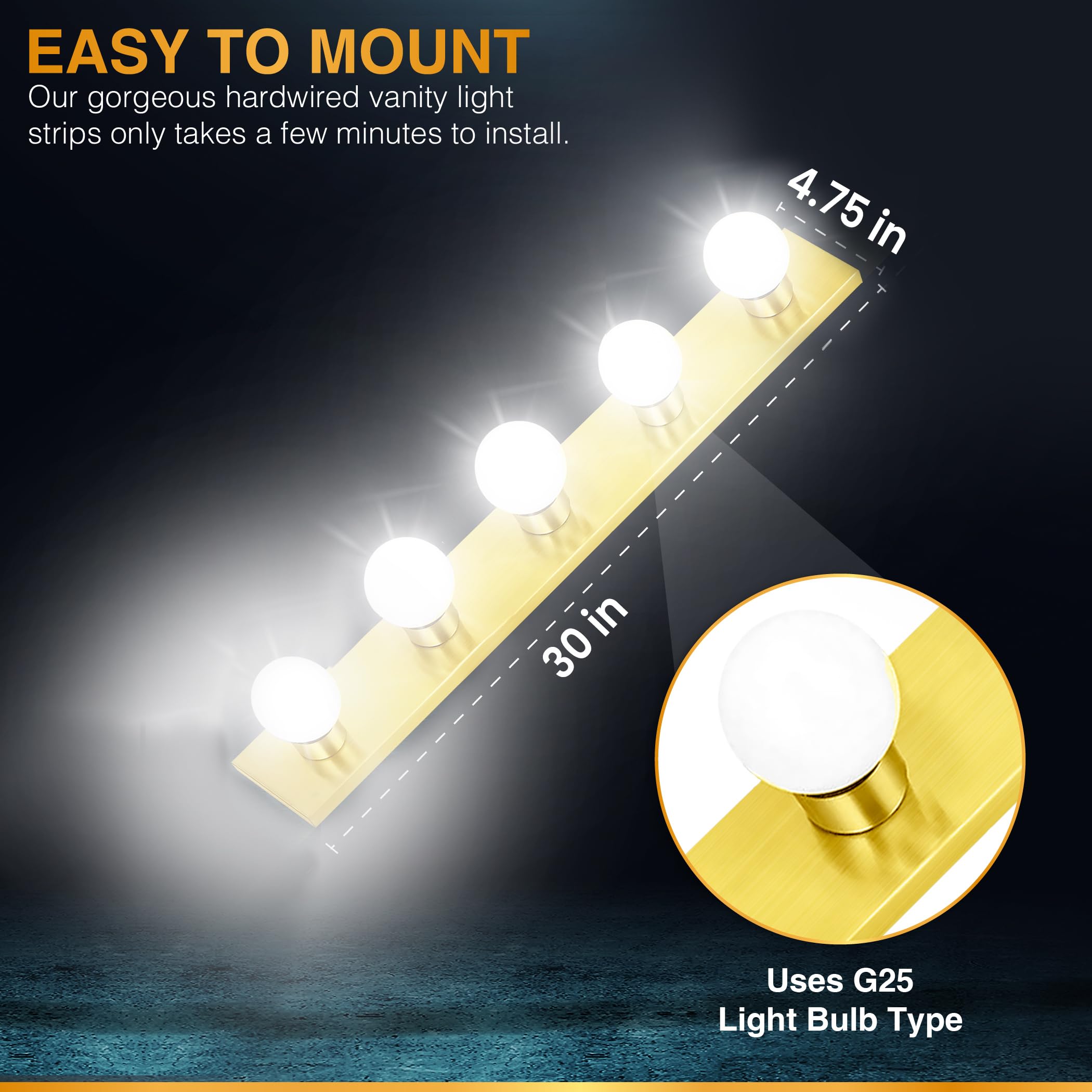 DYSMIO Five Light Vanity Strip - Hollywood Style Mirror Fixture, Gold, 30 x 4.25 Inches, Aluminum