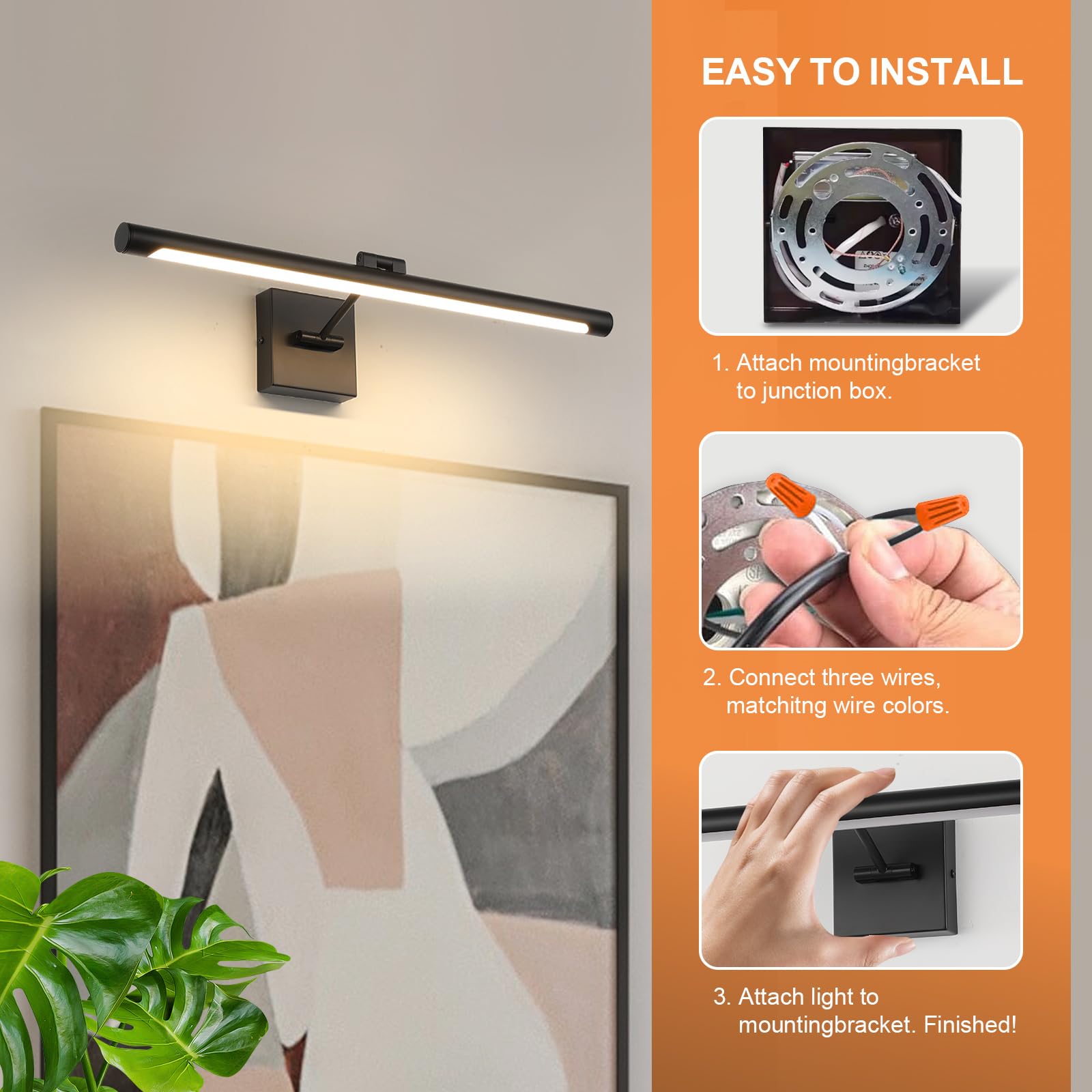 Joosenhouse LED Picture Light 24.4" Black Metal Non-Dimmable Art Display Fixture, Model 7110-BK, 14W (70W Equivalent), Hardwired 3000
