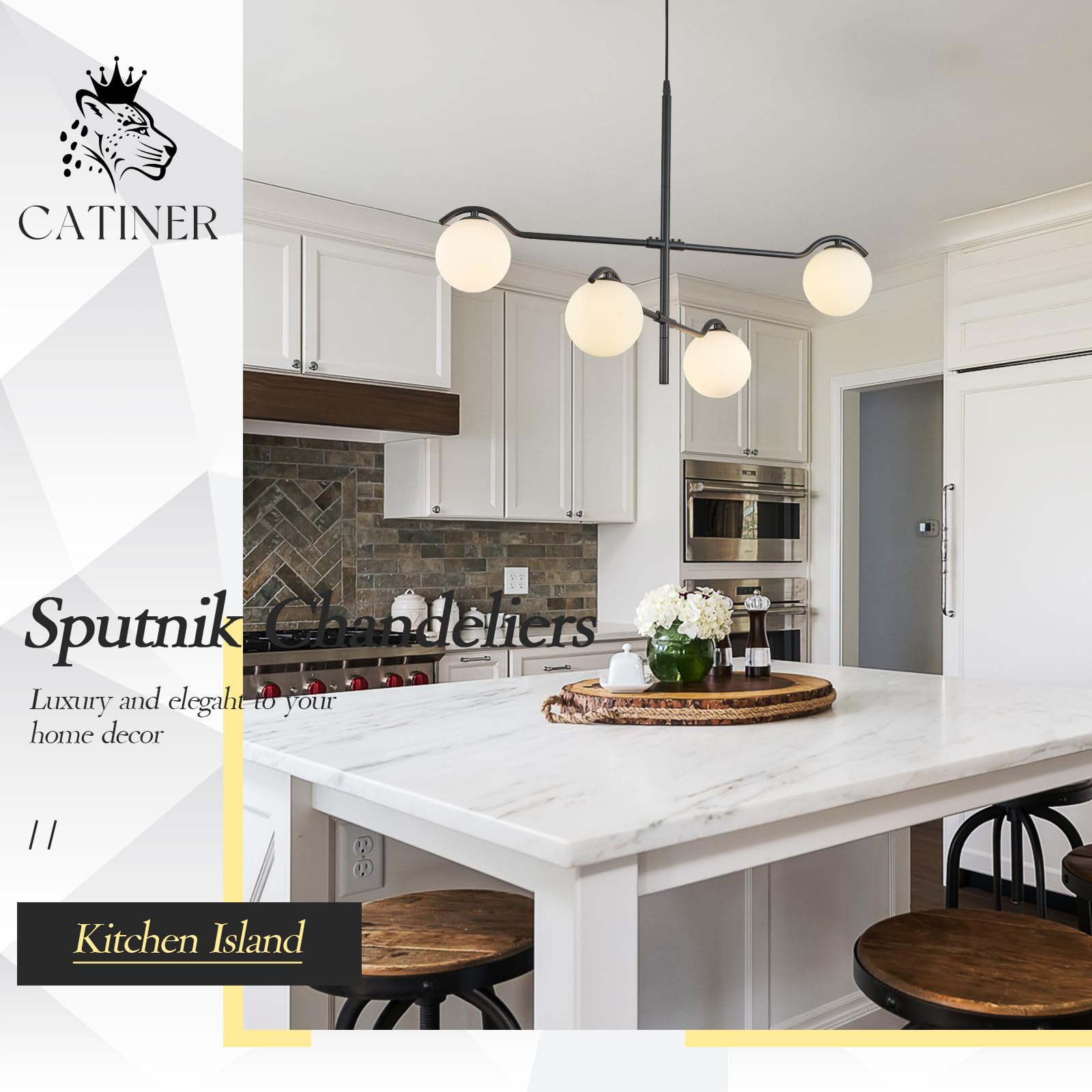 CATINER Black Sputnik Chandelier - Modern 4-Light Ceiling Pendant, Milk Glass Globe Shades, Large L31'', for High Ceilings