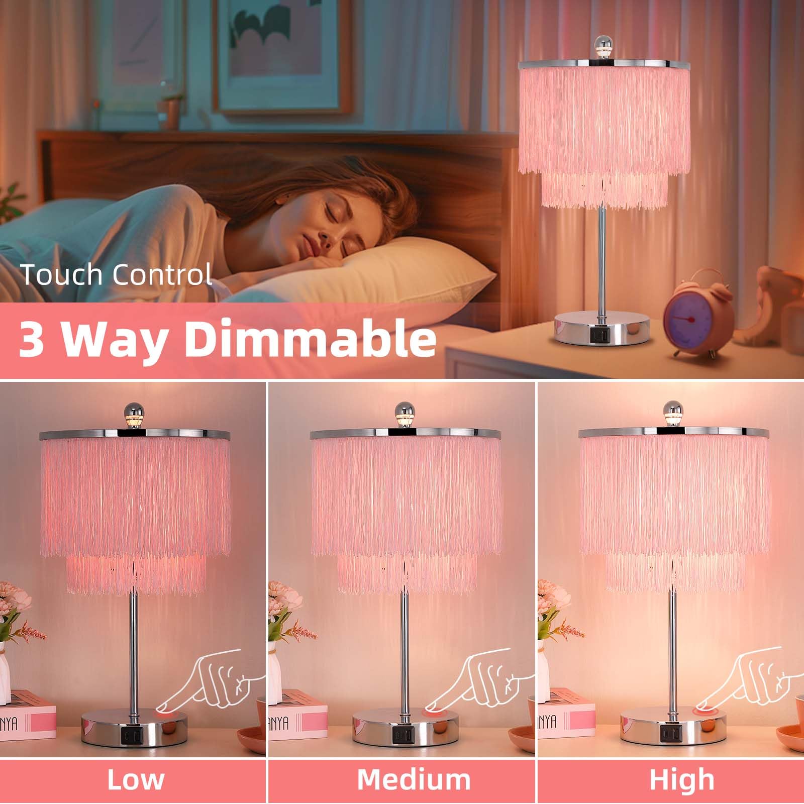 Pink Lamp For Girls Room, 3-Way Dimmable Touch Lamps With Usb Port, Girls Lamp With Tassel Lampshade, Pink Table Lamp For Bedroo