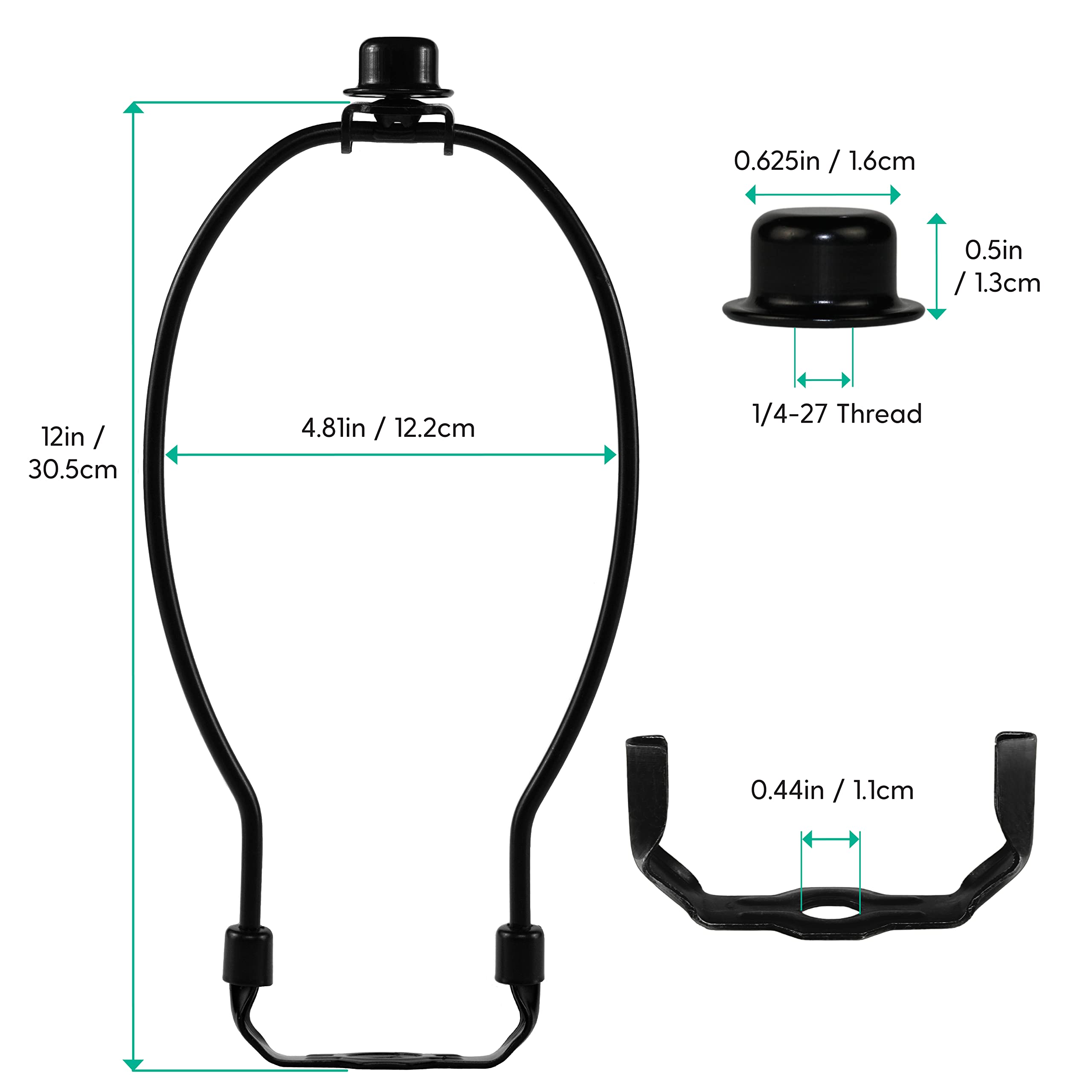 I Like That 1 Pack Black Lamp Harp Set - 12 Suitable for 13 to 15 Lampshade - Includes Harp, Base and Finial