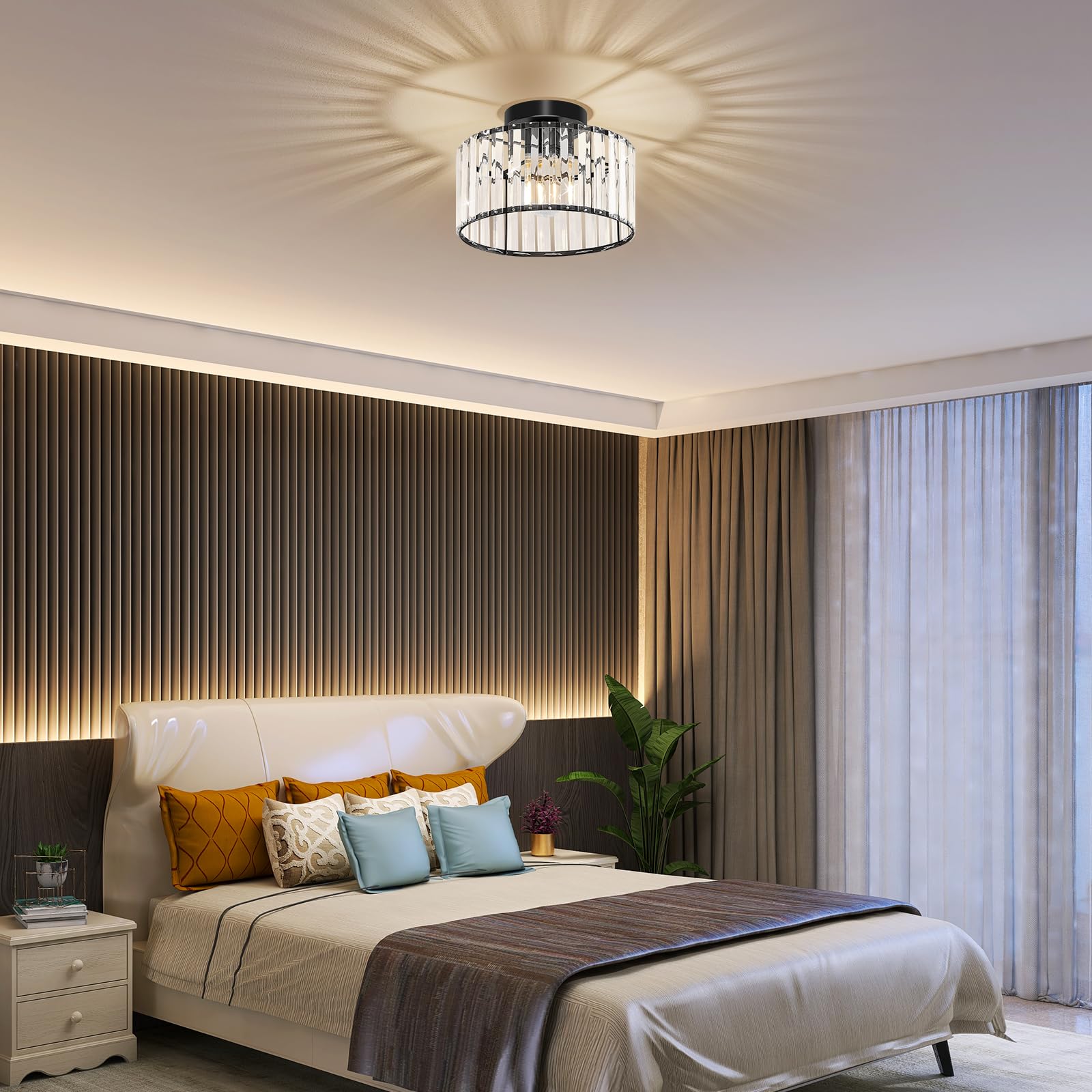 VIOLOEMI Modern Ceiling Light, Black Metal Crystal Fixture, 27CM Semi Flush Mount for Bathroom, Entryway, Bedroom, Kitchen, Living Room