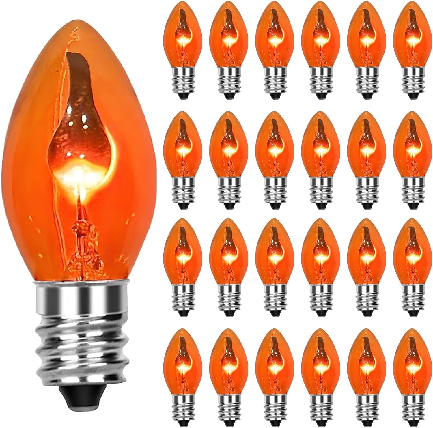 Goothy 25 Pack C7 Halloween Flicker Flame Light Bulbs, Orange Flickering Flame Replacement Bulbs For Chandelier Candles Christma