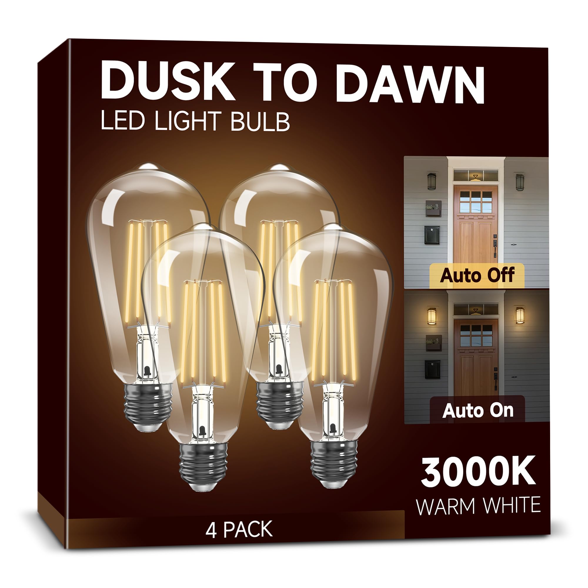 UNILAMP Dusk to Dawn Light Bulbs, 6W Equivalent 60W, 3000K Warm White, Vintage LED, E26 Base, 4 Pack