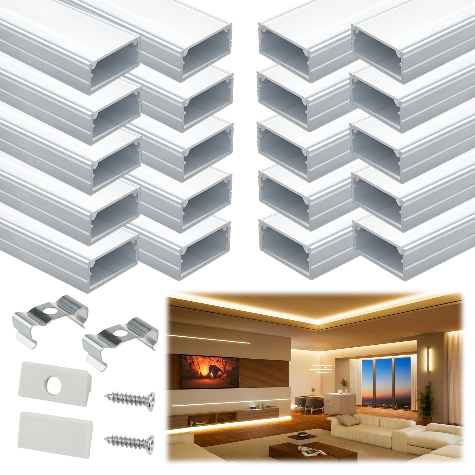 Muzata 20Pack 3.3Ft/1M Wider Led Channel Silver Aluminum Led Strips Diffuser Channel With Milky White Cover U102 Ww 1M