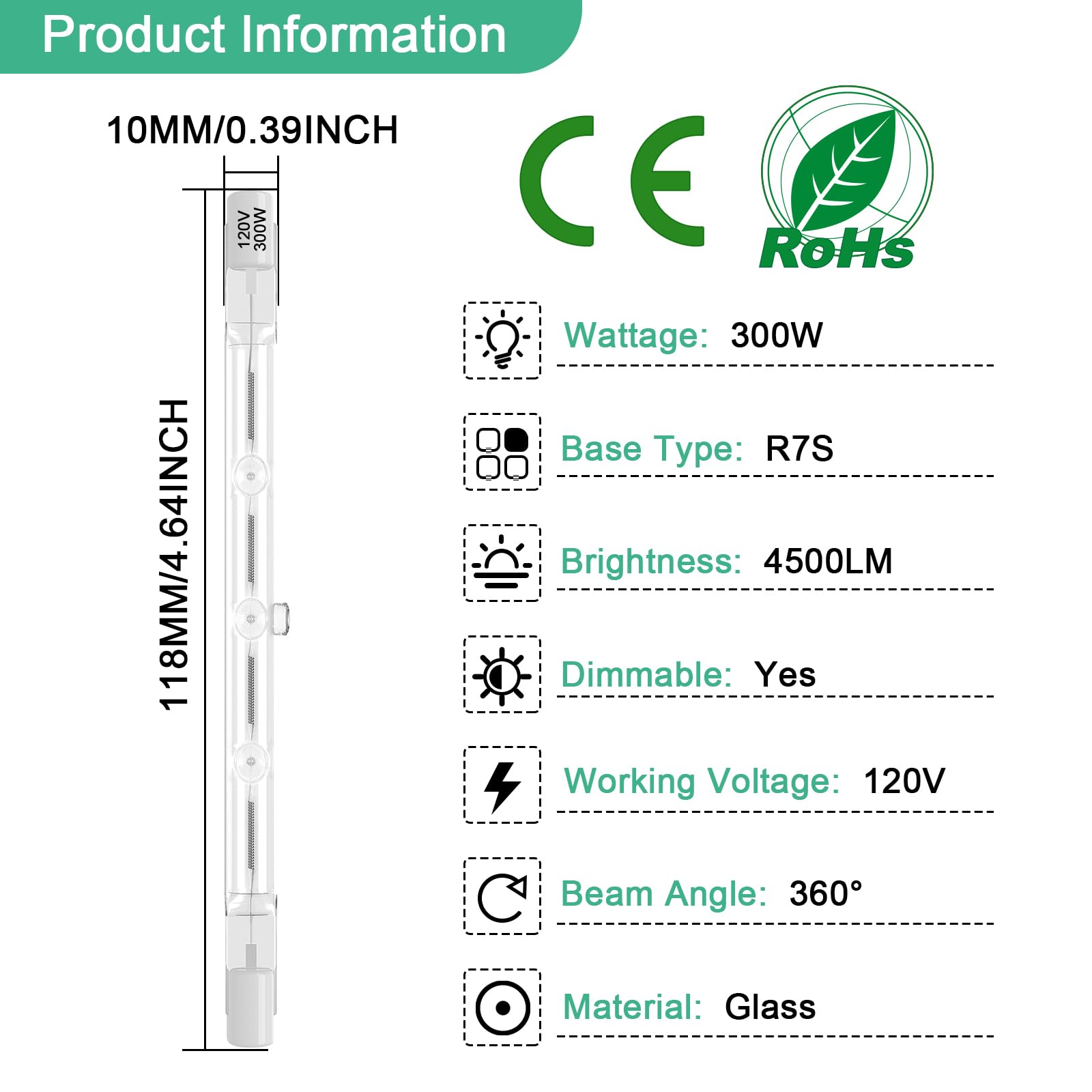 R7S Bulbs,5 Pack Halogen Bulbs R7S 118Mm T3 300W 120V,4500Lm J-Type Halogen Light Bulb With Long Lifespan,4.7-Inch Long Double E