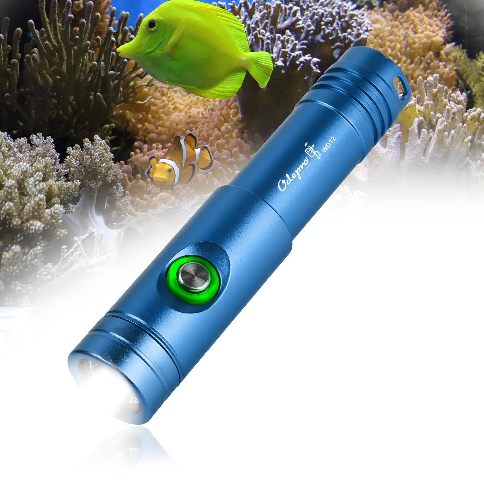 Odepro Wd12 Dive Light - 980 Lumens Compact Scuba Diving Backup Light With 3 Modes, Ip68 Waterproof Submersible Torch, Underwater Snorkeling Flashlight With Push Button (Blue)