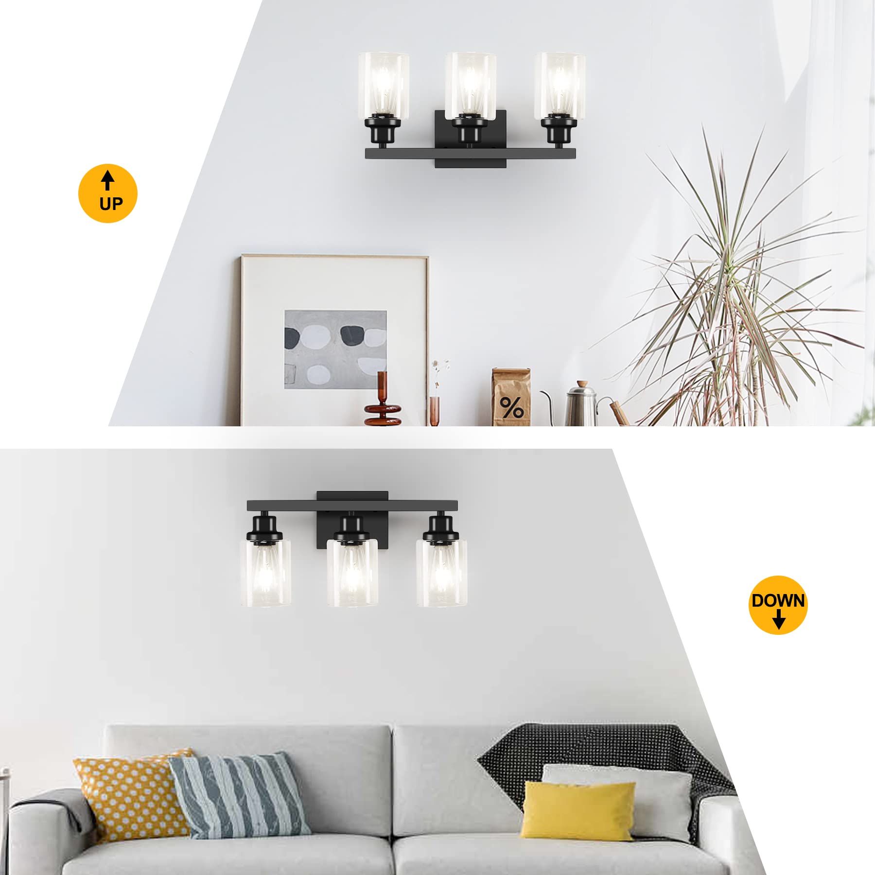 DIKAIDA 3-Light Black Bathroom Vanity Light Fixtures with Clear Glass Shade, Modern Wall Sconces for Bedroom and Living Room - Model BLBD-3