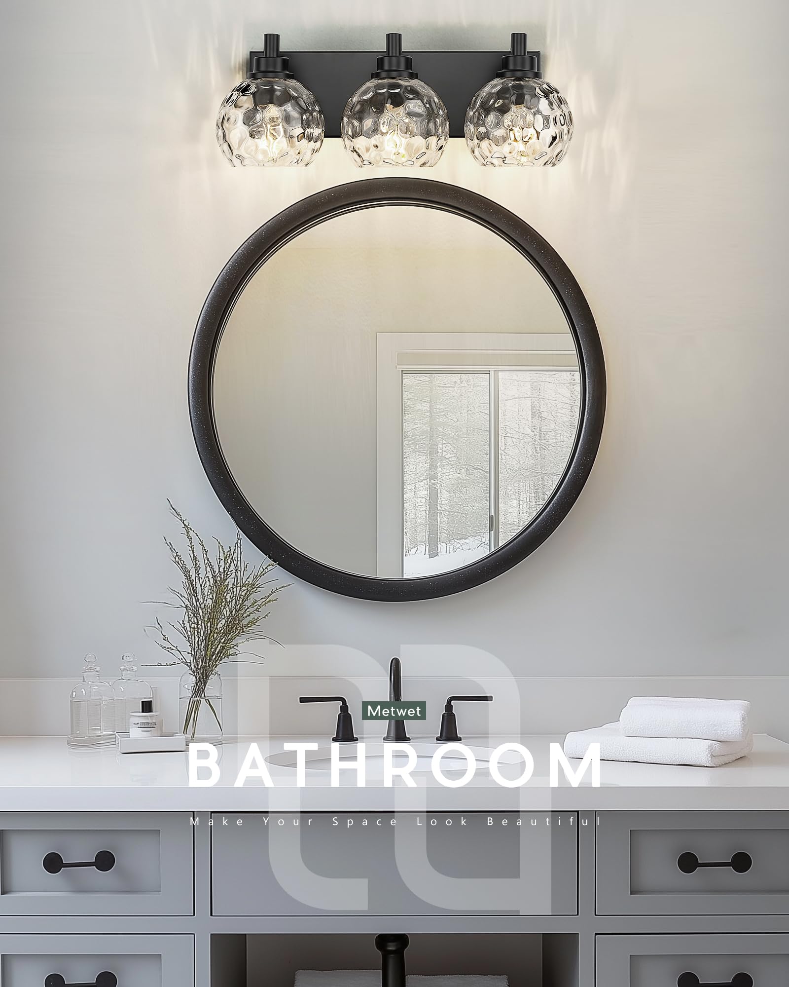 METWET 3-Light Matte Black Bathroom Light Fixtures with Clear Hammered Glass Globe Shade, Model VL200-MB-3