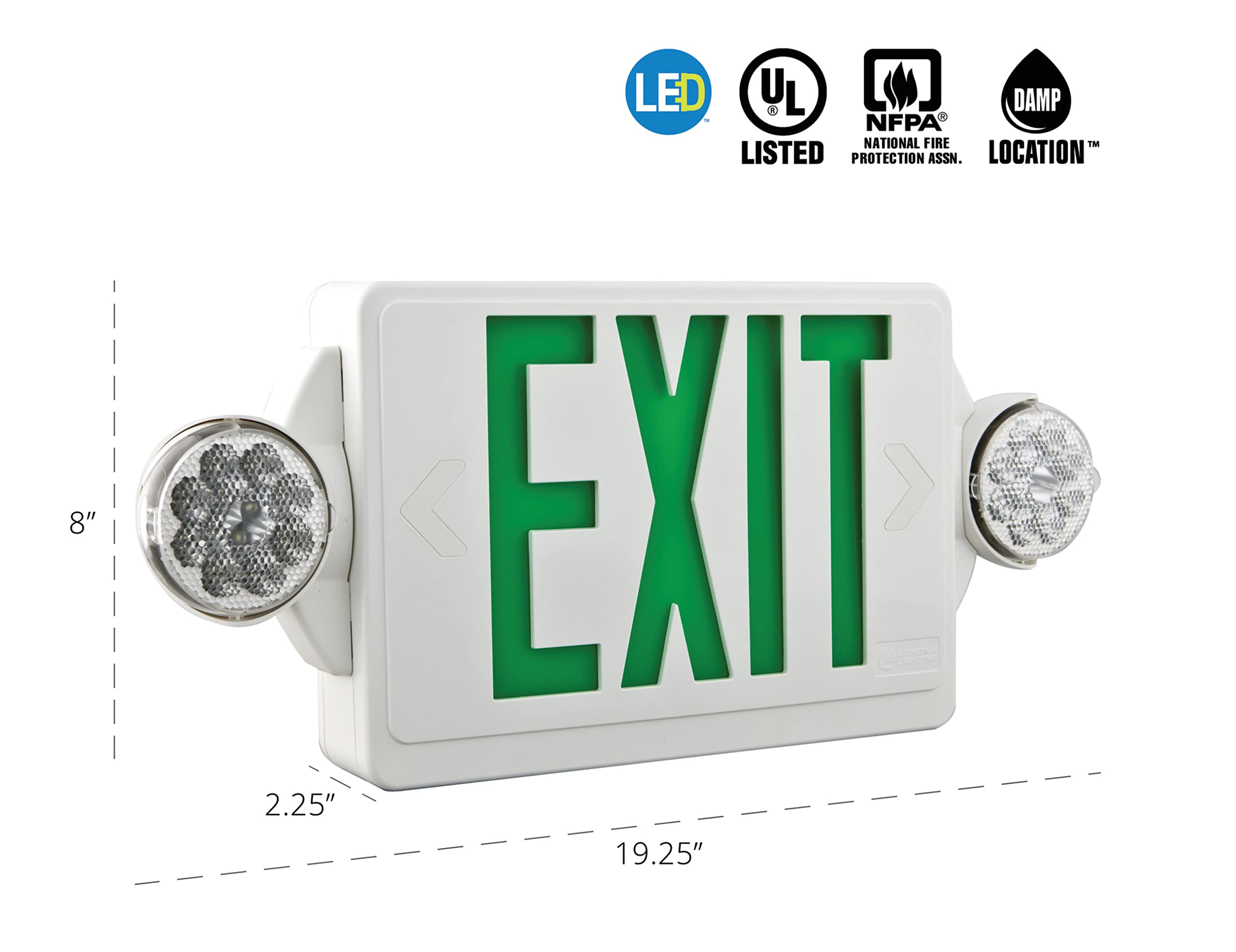 Lithonia Lighting Lhqm Led G M6 Led Exit And Emergency Light Combo 2-Head Fixture, Green Letters And Battery Backup