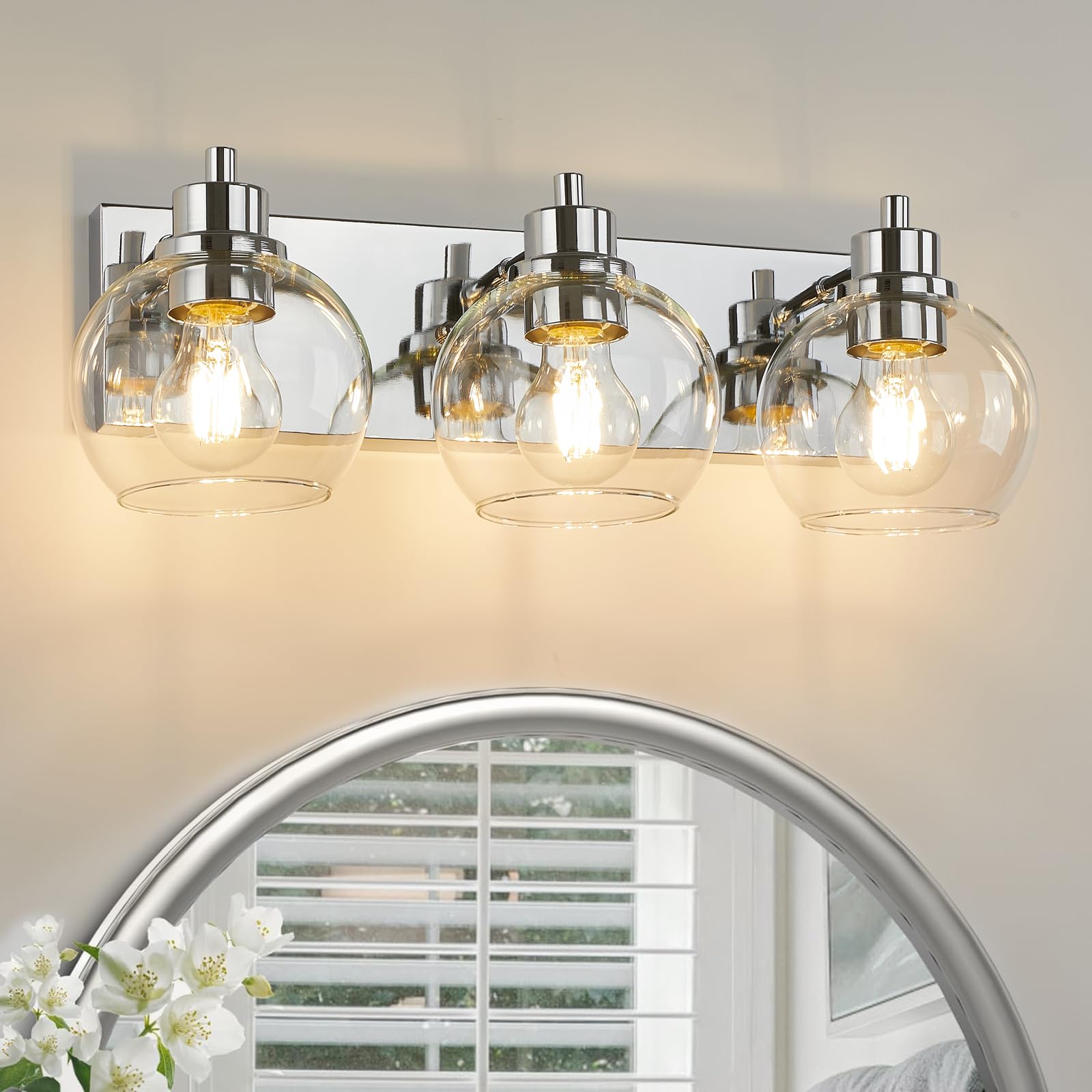 Tuscarora Bathroom Light Fixtures, Chrome Vanity Light 3 Light Bathroom Vanity Light With Clear Glass Shade,Bathroom Light Over Mirror,Bathroom Lighting Fixtures For Mirror