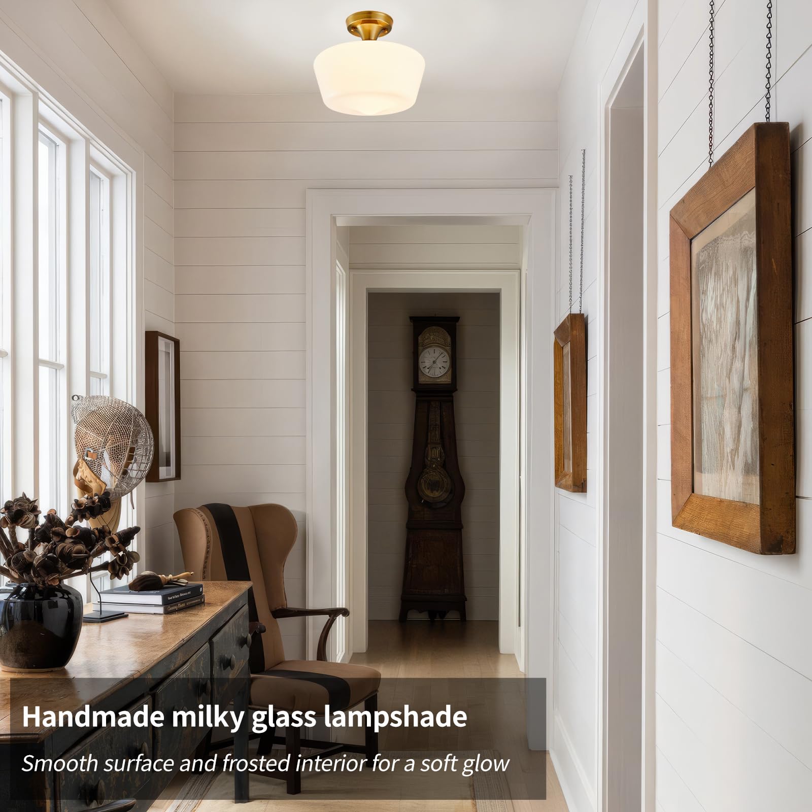 Youngrender Schoolhouse Light Fixture Modern Gold Ceiling Light,Semi Flush Mount Ceiling Light,12''Wide Opal Milk Glass Shade,Br