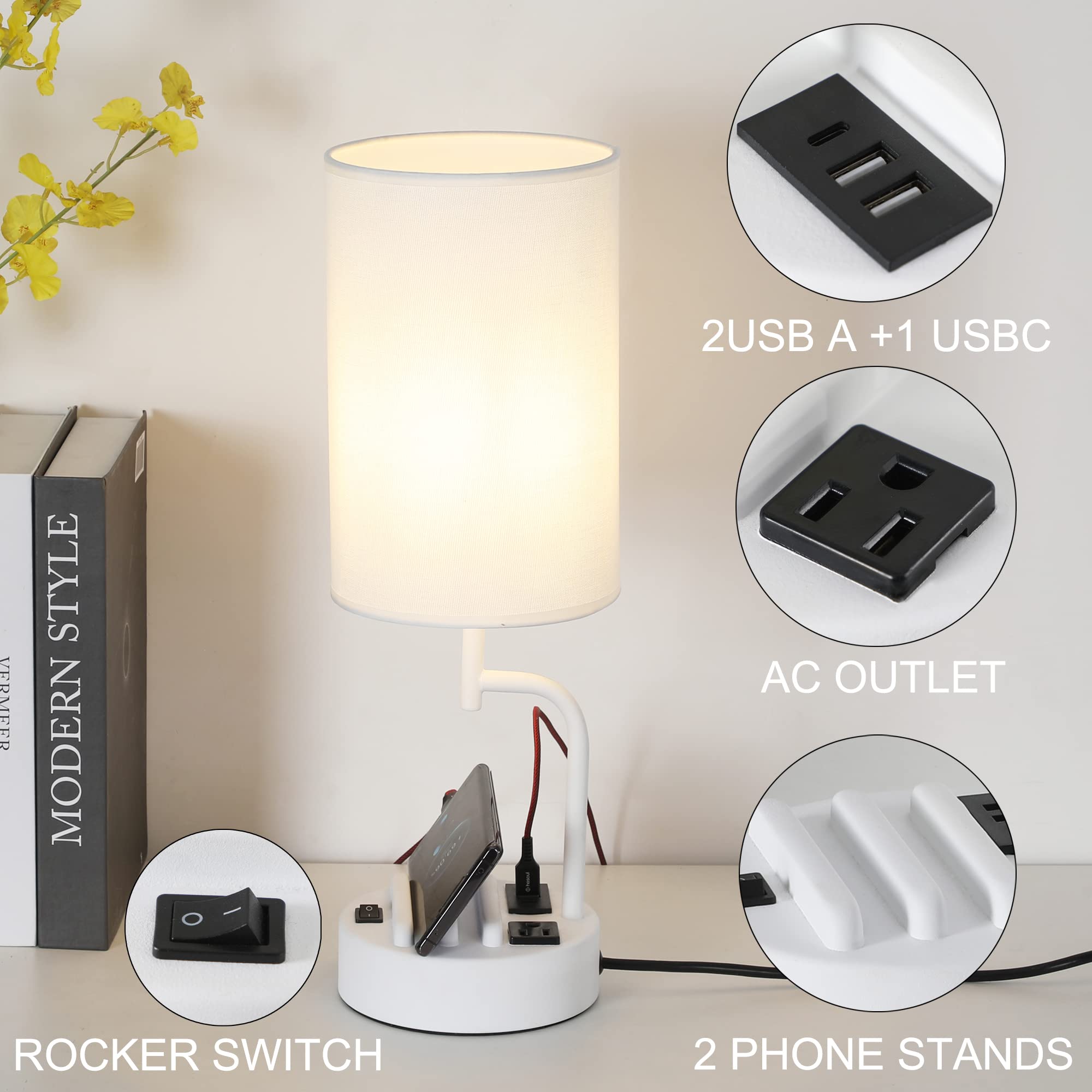 Dreamholder Table Lamp with 3 USB Ports & AC Outlet, White, Pack of 2, Modern Design for Bedroom, Living Room, Office