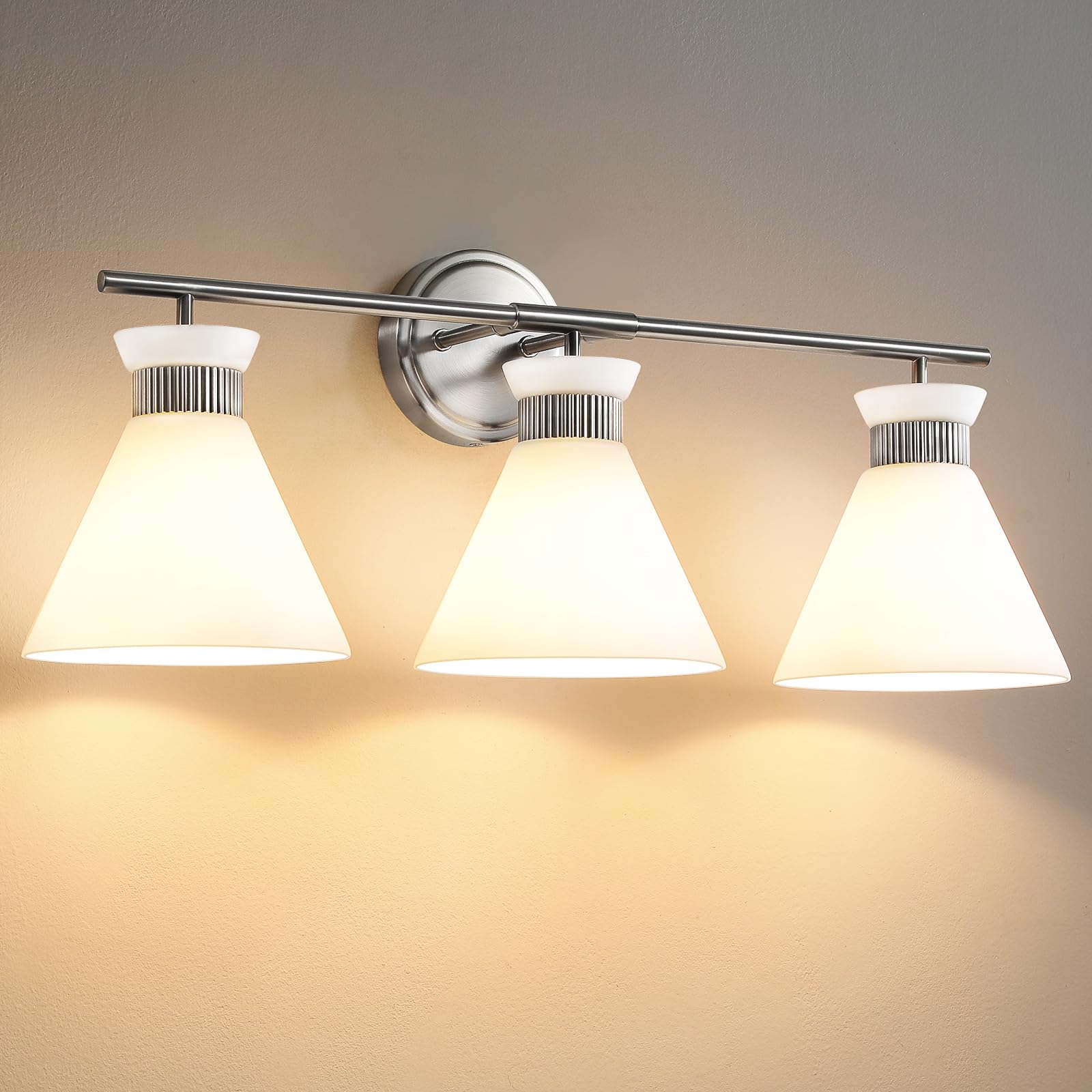 Woshitu Nickel Bathroom Vanity Light Fixtures: Vanity Lighting Fixtures Over Mirror 23.4 Inch With Milky White Frosted Glass  3-Lights Vanity Light Above Mirror Bathroom Wall Light(Exclude Bulb)