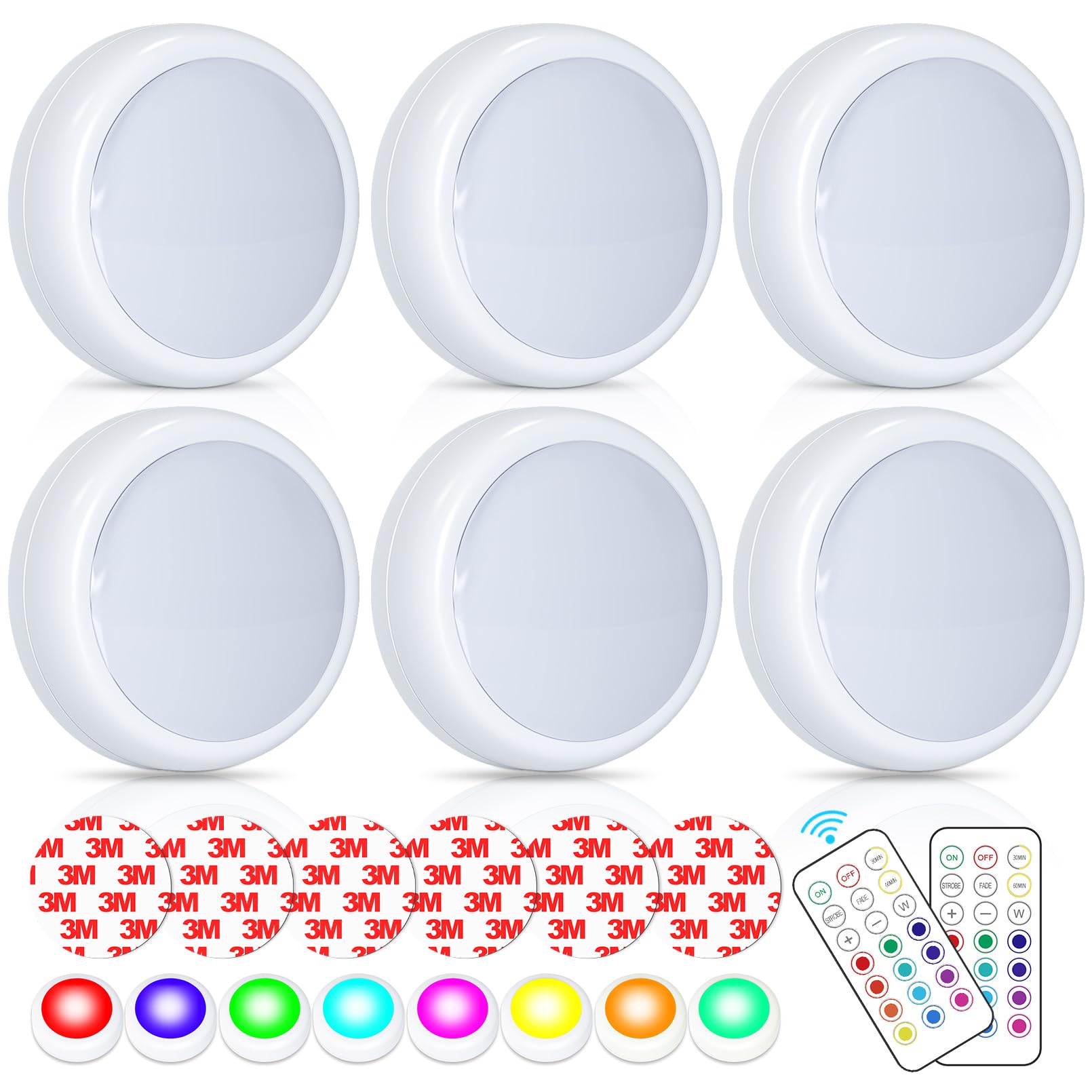 HFCDL Battery Operated LED Puck Lights with Remote RGB 13 Color Changing Wireless Stick On Closet Push Lights Under Cabinet Ligh