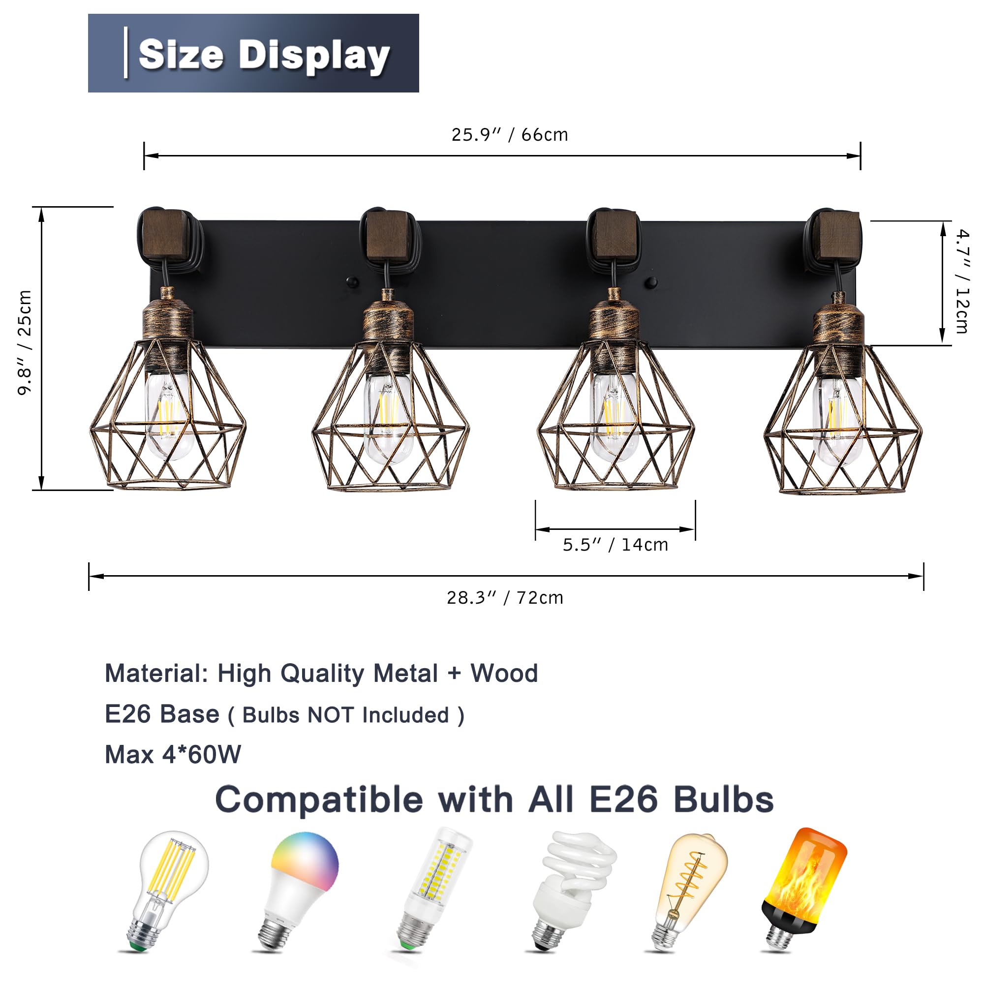Maesta 4-Light Farmhouse Bathroom Vanity Light Fixtures, Black Gold Metal Sconces for Living Room, Bedroom, Hallway - Model MA022-4