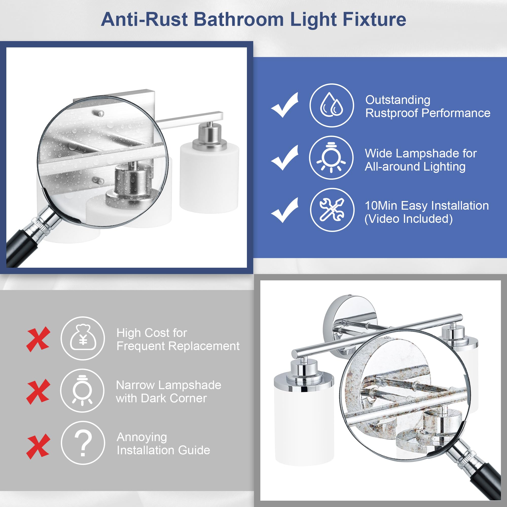 Dekang 3-Light Bathroom Vanity Light, Brushed Nickel Over Mirror Sconce With White Glass Shades