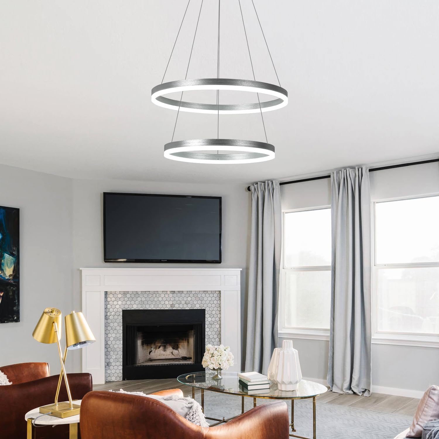 Xgzl · Lighting 2-Rings Modern Led Chandelier Silver For Dining Room, Dimmable Pendant Lighting With Remote Control Circular Flush Mount High Ceiling Light For Bedroom Living Room Foyer, 3000K-6500K