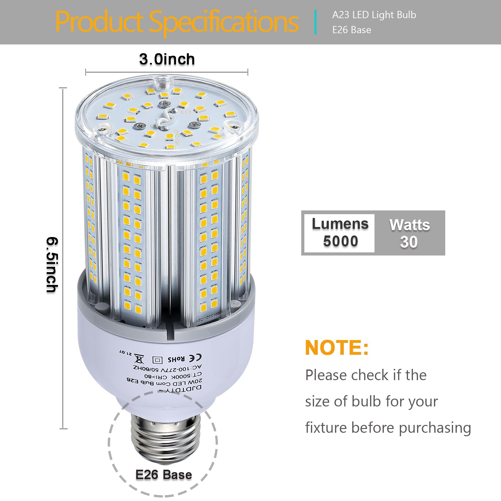 Jurdxled 400W Equivalent Led Corn Light Bulb 5000 Lumen 5000K 30W Large Area Cool Daylight White E26/E27 Medium Base For Outdoor