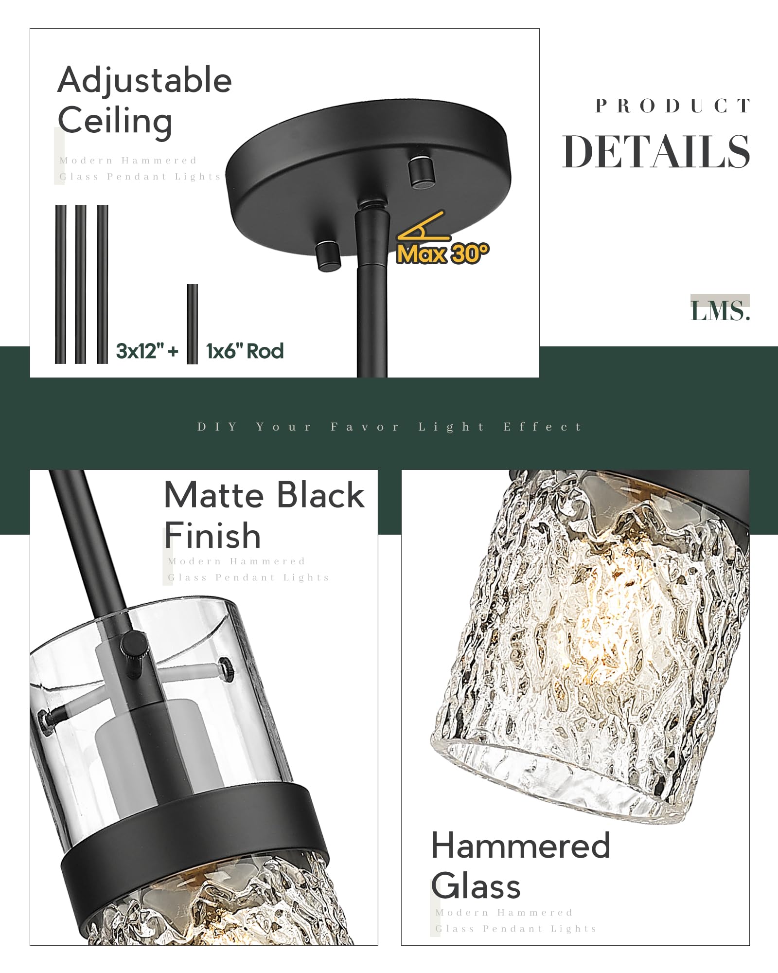 Lms 2-Pack Modern Matte Black Pendant Light, Adjustable Hanging Pendant Lighting With Hammered Glass, Tiltable Pendant Lighting For Kitchen Island, Bathroom, Bedroom, Lms-201