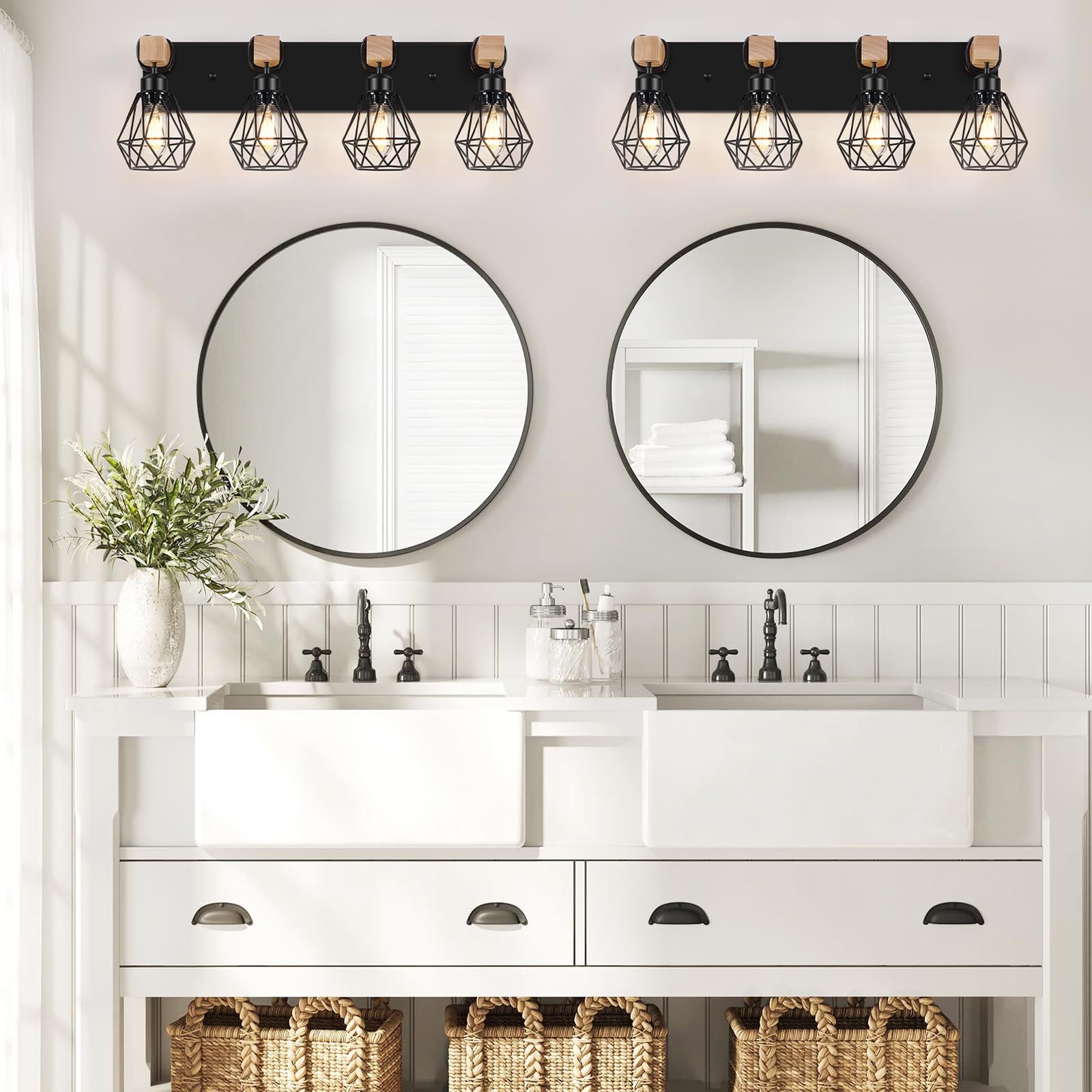 FadimiKoo 4-Light Bathroom Light Fixture, Rustic Wood & Black Metal, Model FBD-04, Over Mirror Sconce for Living Room, Bedroom, Hallway