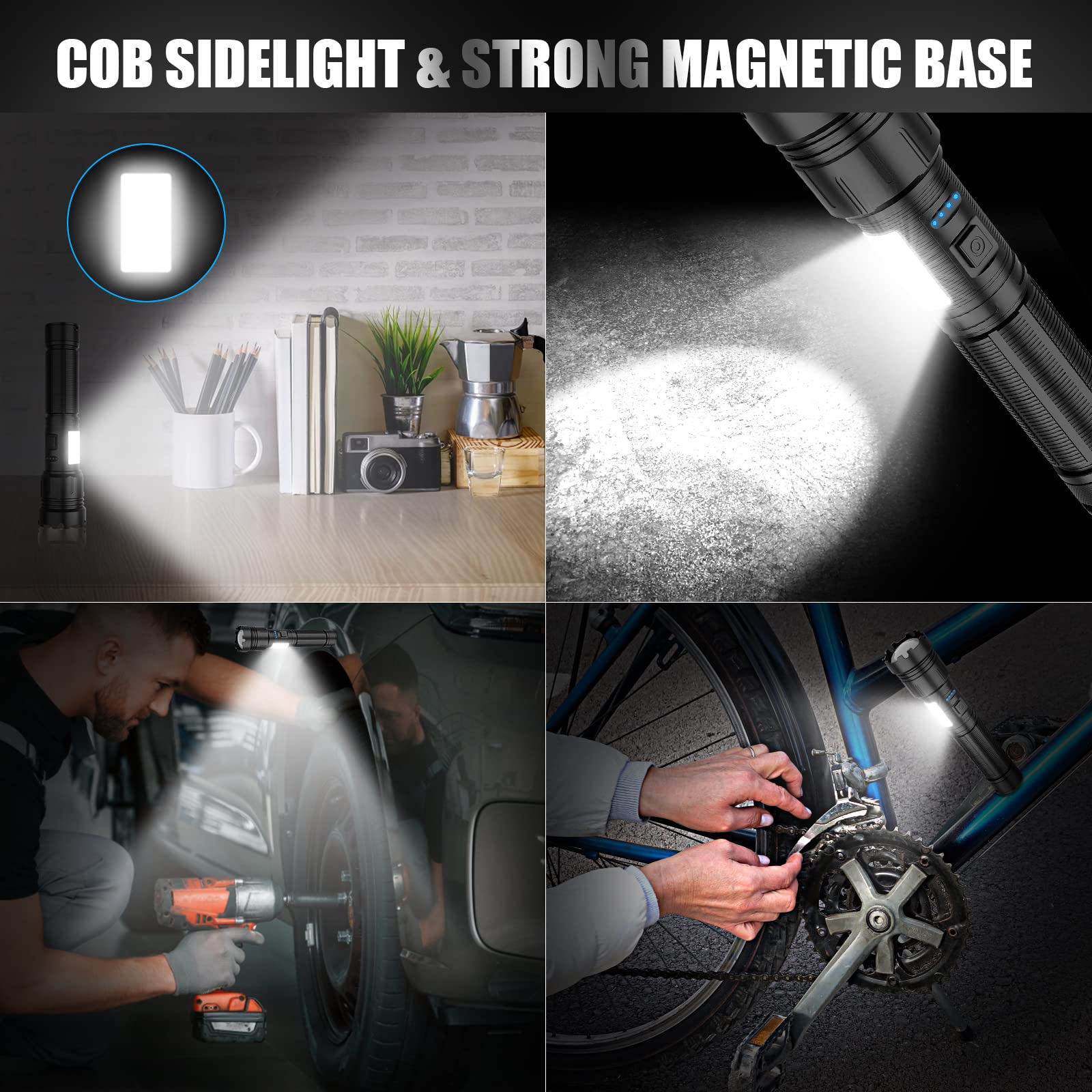 Magnetic Flashlight Rechargeable 10000 High Lumens, Super Bright Led Pocket Flash Light With Cob Sidelight, Type-C, 7 Modes, Zoo
