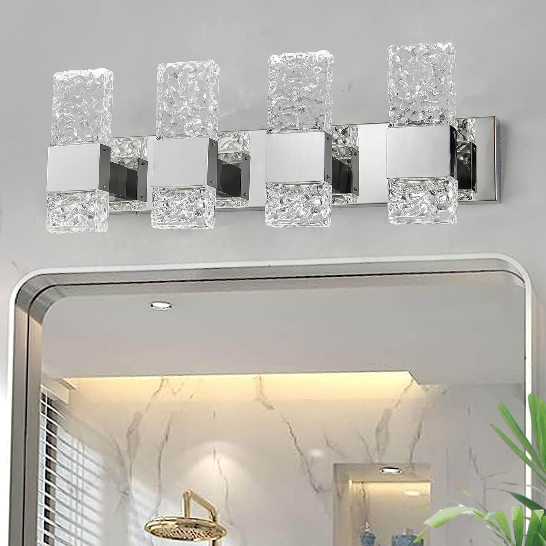 OYLYW LED Bathroom Vanity Light Fixture, Chrome Stainless Steel, 4 Lights, Model JQ1428-4TS, 28 Inch, Cool White 5800K