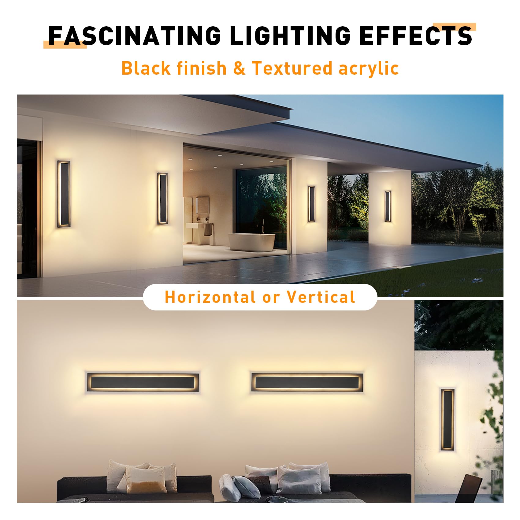 ZSMAIKU 24" Outdoor Sconce Light, Black Iron Waterproof Wall Fixture, Modern Design, Model MK-108-600WHSH-1