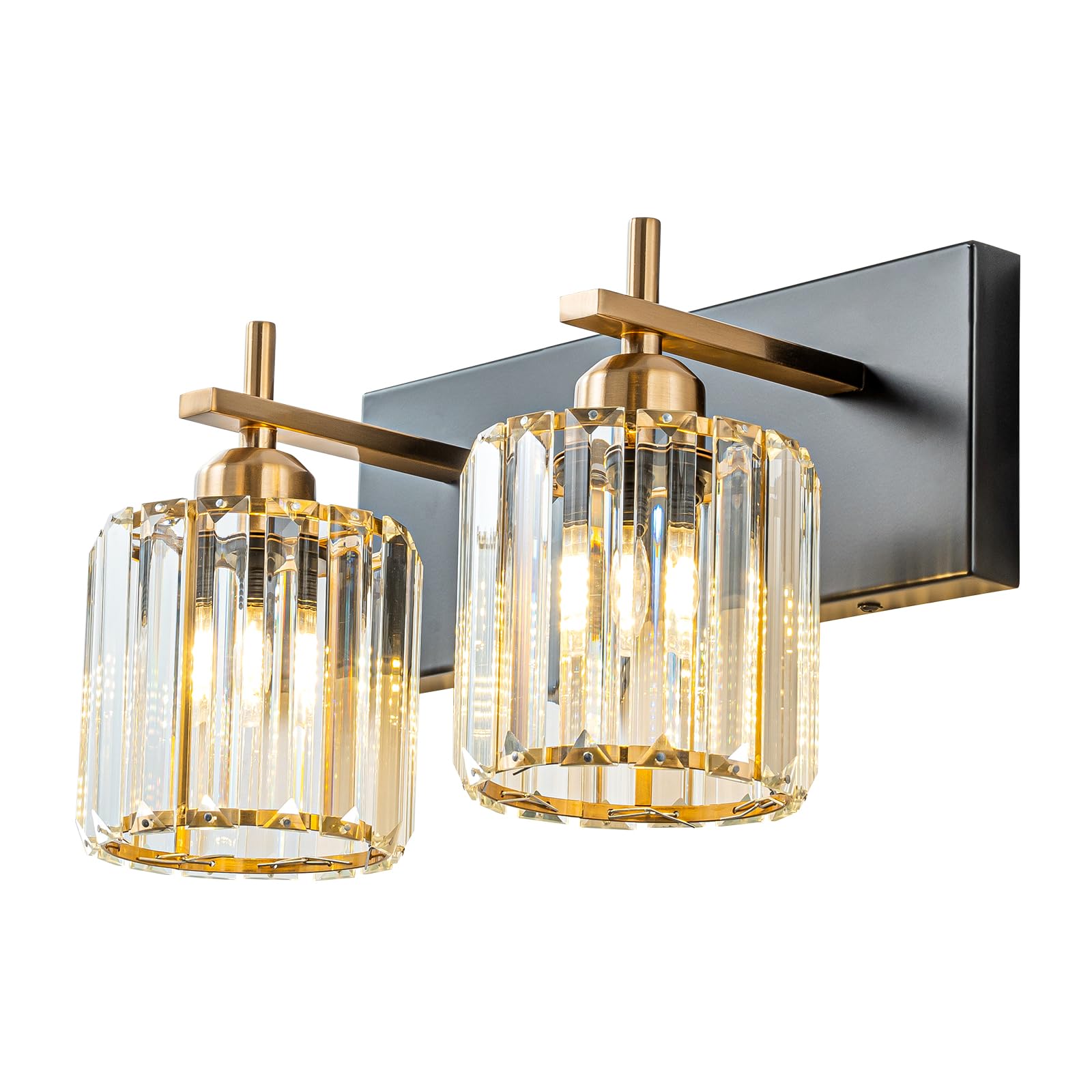 HUOKU 2-Light Crystal Bathroom Vanity Lights, Metal & Crystal, Black Gold Finish