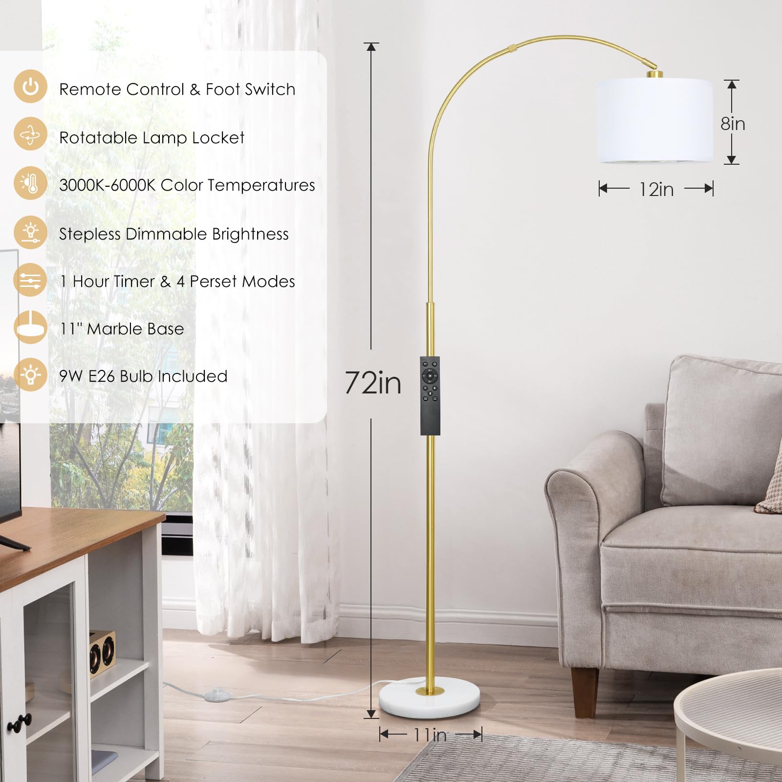 Arc Floor Lamp With Remote, Modern Standing Lamp For Living Room With Stepless Dimmable Bulb, Drum Shade, Foot Switch, Tall Floo