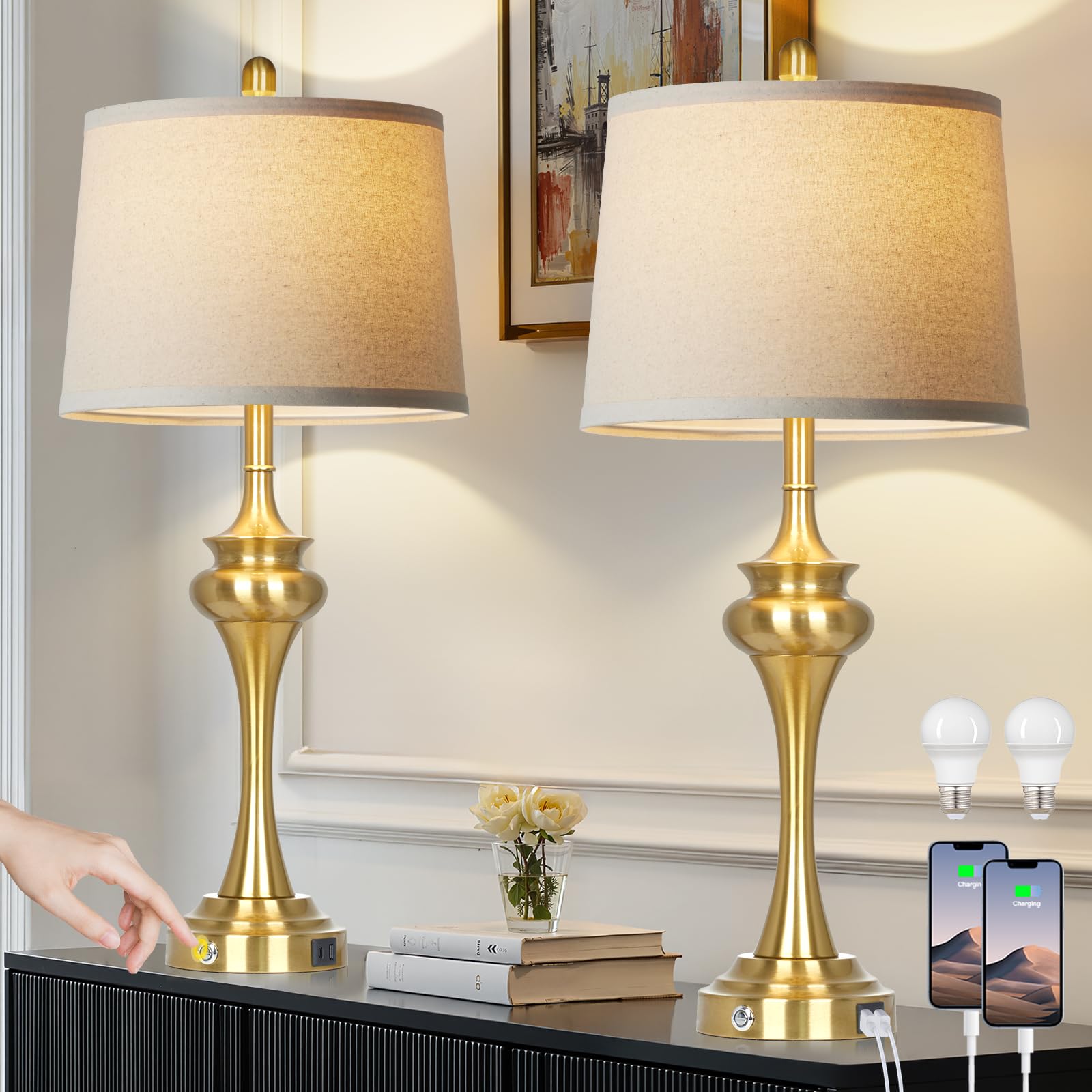 Rinweey 30in Gold Metal Touch Control Table Lamp Set of 2 with USB Ports, Modern Bedside Lighting, Model TD-RW-626