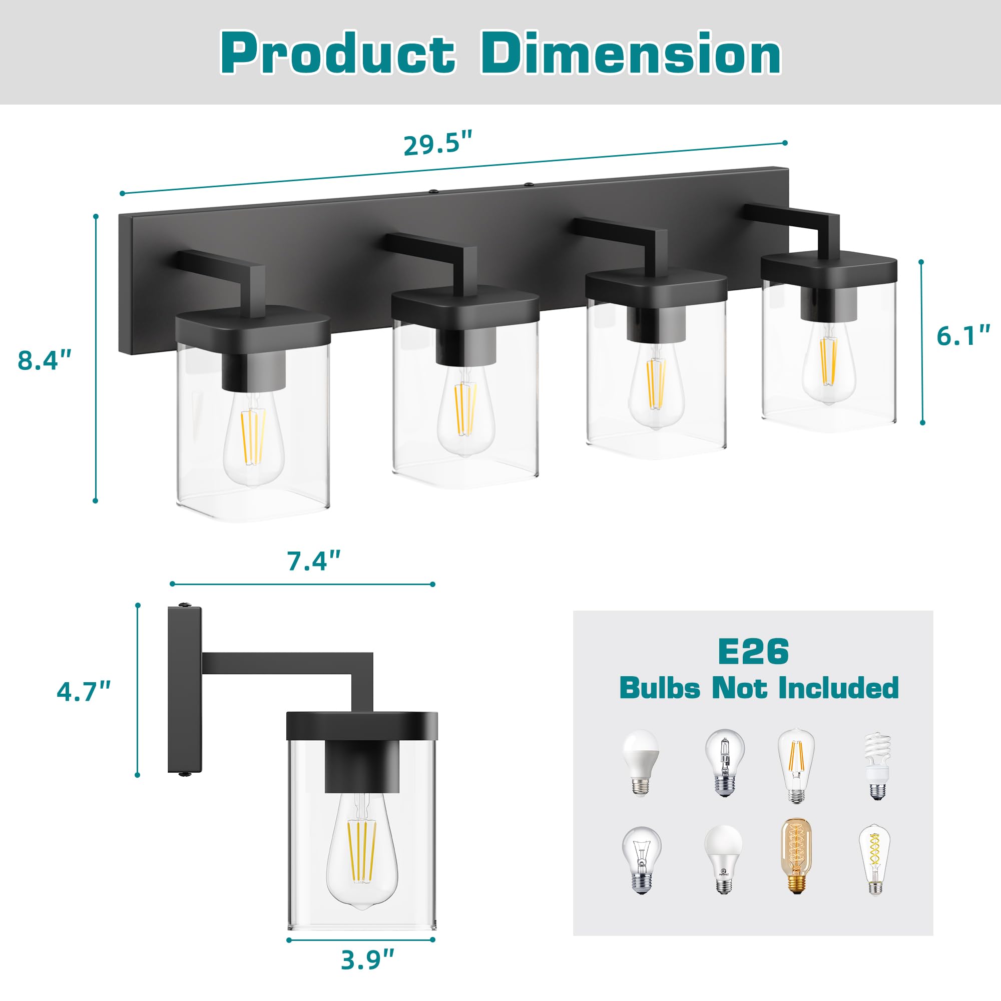 Danshinro 4-Light Bathroom Vanity Light - Modern Square Design, Black Iron Fixture for Bathroom/Living Room/Bedroom