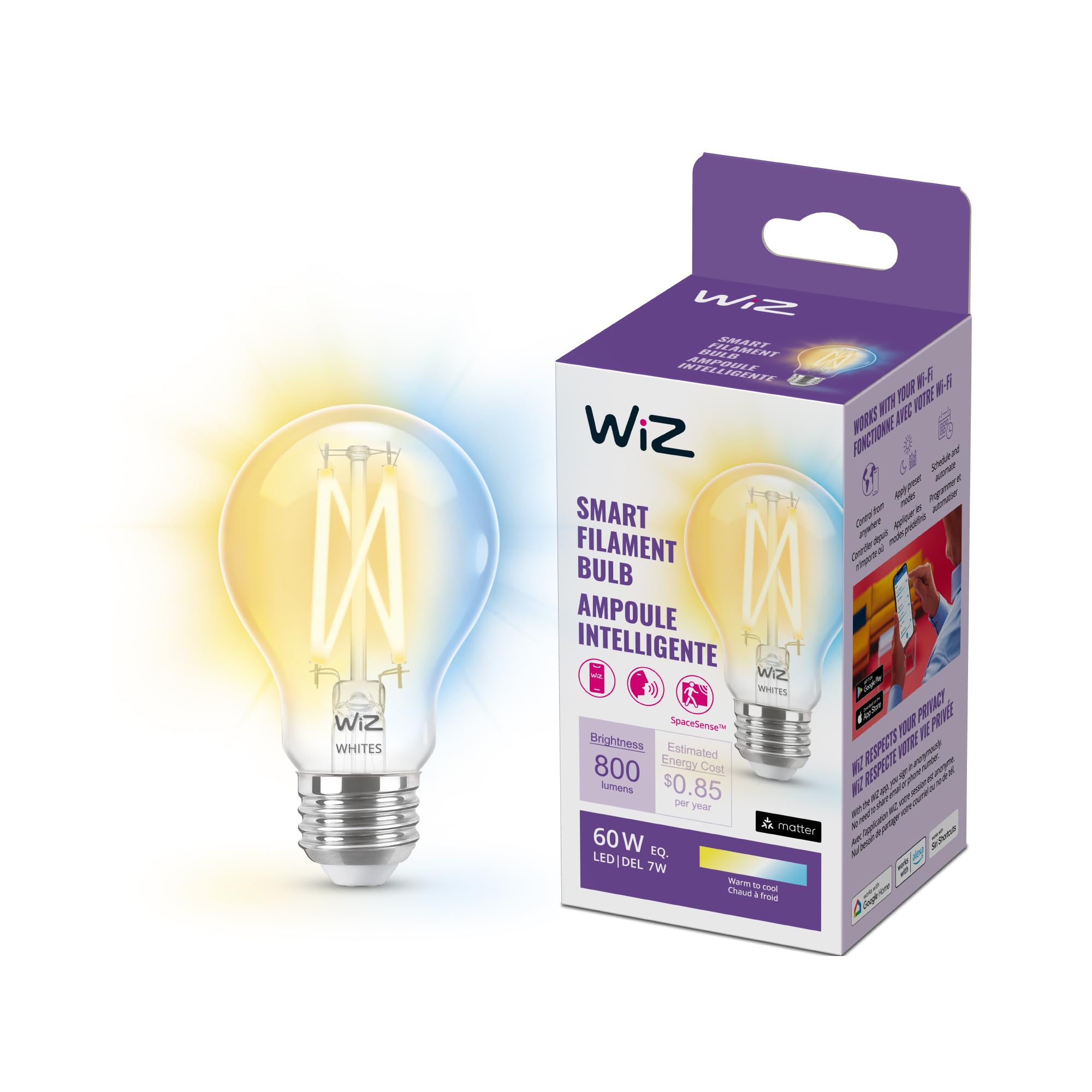 WiZ Clear 60W A19 Tunable White Filament LED Smart Bulb - Pack of 1 - E26- Indoor - Connects to Your Existing Wi-Fi - Control wi
